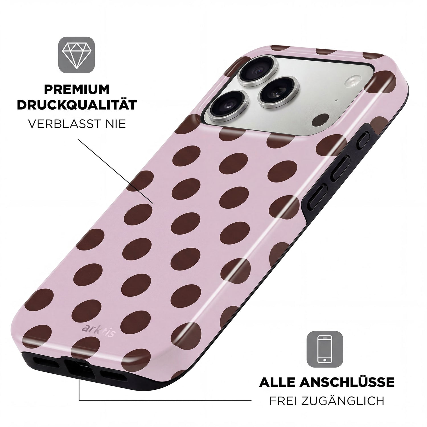 Die arktis iPhone 17 Pro Hülle - Sweetie hat ein pinkes Design mit dunkelbraunen Punkten, ist aus stoßabsorbierendem TPU-Silikon gefertigt, bietet hervorragende Druckqualität, zugängliche Anschlüsse und ist MagSafe kompatibel.