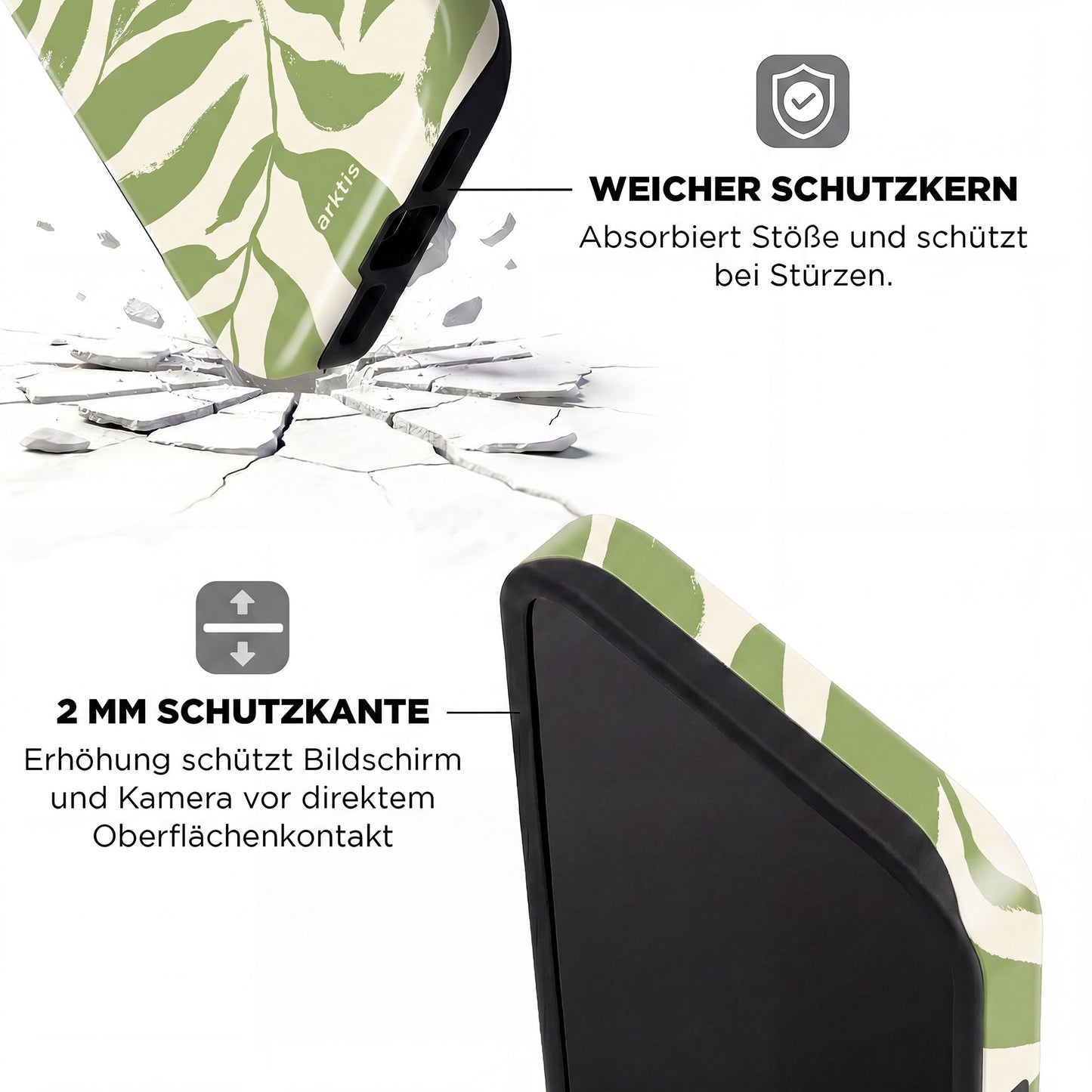 Die arktis iPhone 14 Pro Max Hülle - Botanic verfügt über ein grünes Muster, stoßabsorbierendes TPU-Silikon, einen weichen Kern, einen 2mm erhöhten Rand für zusätzlichen Schutz und ist MagSafe kompatibel für einfaches Laden.