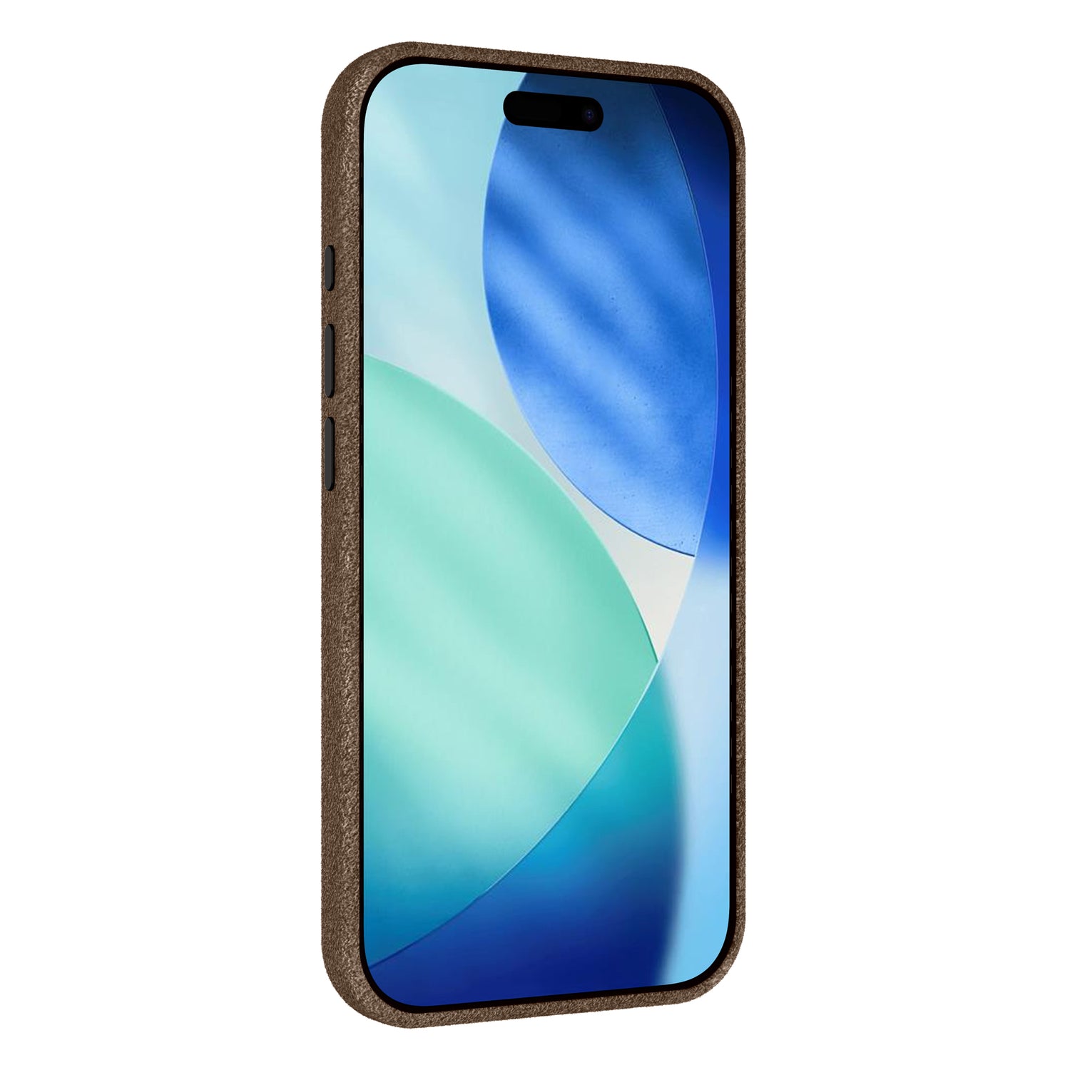 Die arktis iPhone 17 Pro Hülle aus Alcantara von arktis, schräg dargestellt in braun mit blauem abstraktem Muster auf dem Bildschirm.