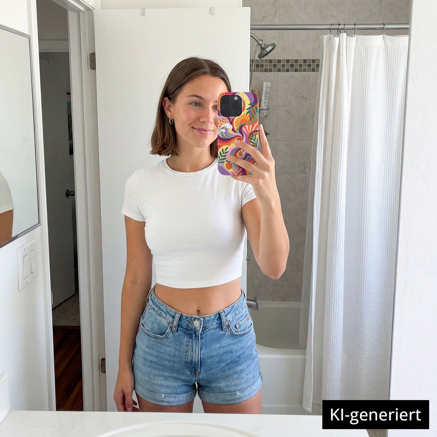 Eine Frau in weißem Crop-Top und Jeansshorts macht ein Spiegel-Selfie in einem hellen Badezimmer, ihr iPhone geschützt durch die arktis iPhone 16e Hülle - Summer, eine MagSafe-kompatible TPU-Silikonhülle von arktis. KI-generiert.