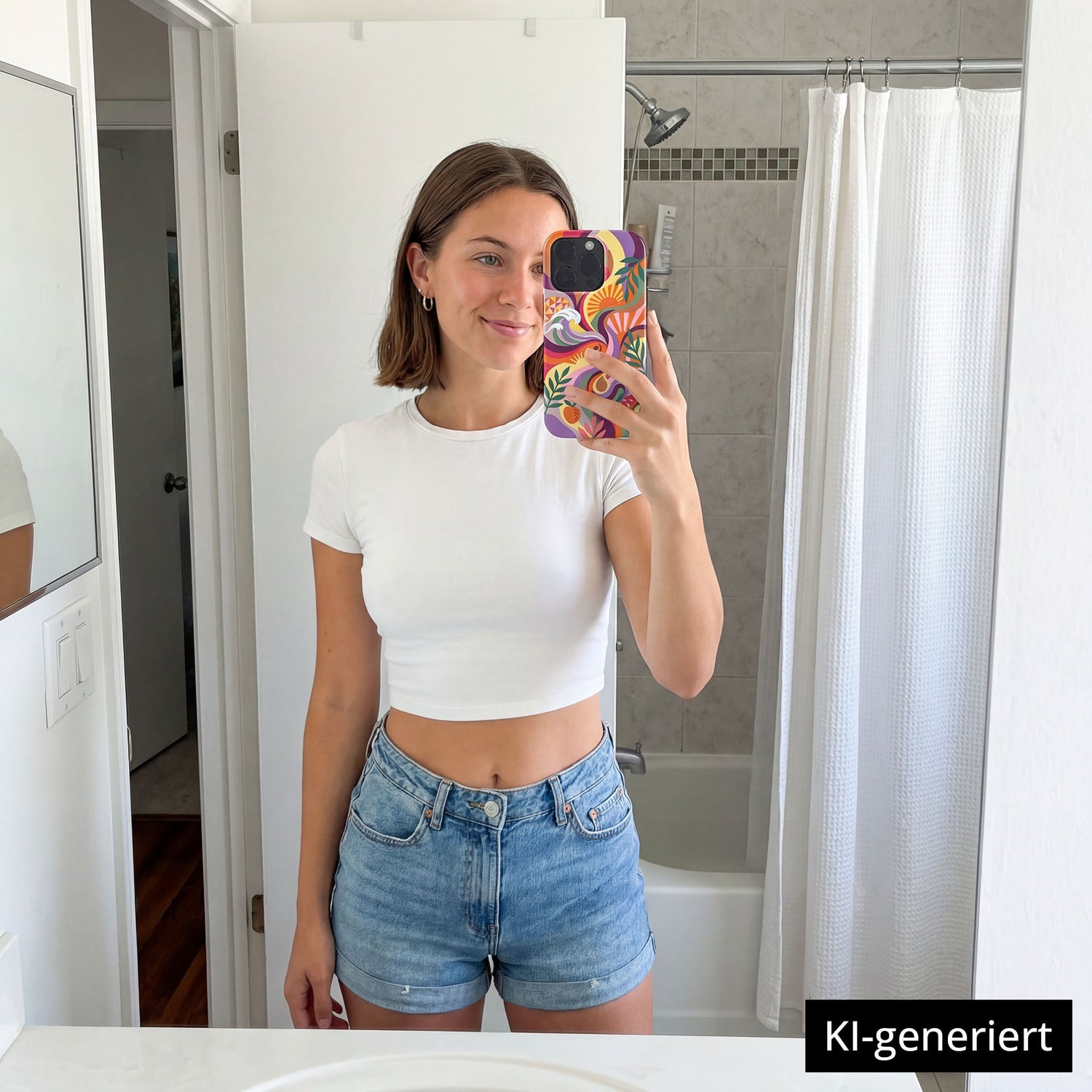Eine Frau in weißem Crop-Top und Jeansshorts macht ein Spiegel-Selfie in einem hellen Badezimmer, ihr iPhone geschützt durch die arktis iPhone 16e Hülle - Summer, eine MagSafe-kompatible TPU-Silikonhülle von arktis. KI-generiert.