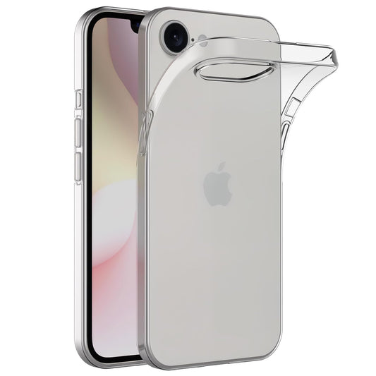 Ein arktis iPhone 16e Zero Case von arktis ist auf einem Smartphone mit sichtbarem Apple-Logo abgebildet. Die ultradünne, flexible TPU-Silikonhülle ist teilweise abziehbar, was ihr stoßfestes Design und die Sichtbarkeit des Frontdisplays unterstreicht.