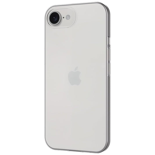 Das arktis iPhone 16e Zero Case, eine ultradünne, durchsichtige TPU-Silikonhülle von arktis, passt auf ein weißes iPhone mit Apple-Logo und zeigt die Kamera und den Blitz oben links und die Seitentasten rechts vor einem schlichten weißen Hintergrund.