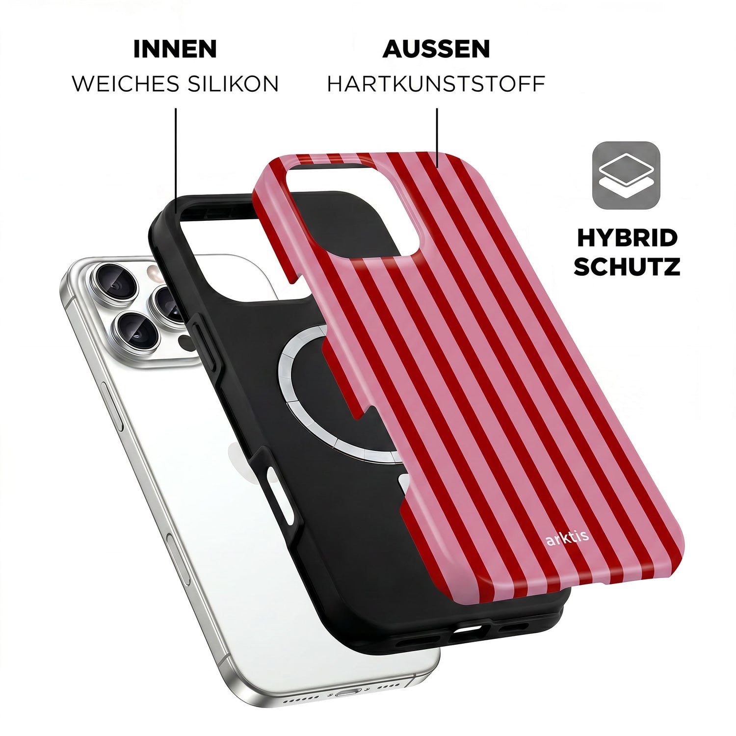 Explosionszeichnung der arktis iPhone 16 Pro Hülle - Stripes mit rotem Design, mit stoßabsorbierendem TPU-Silikon innen, Hartplastik außen und MagSafe-Kompatibilität für müheloses kabelloses Laden.