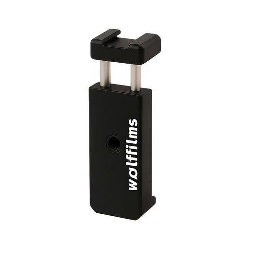 Die Wolffilms Smartphone Universalhalterung ist eine schwarze Halterung mit weißem "wolffilms" und verfügt über eine Stativ-Adapter-Befestigungsöffnung, Blitzschuh-Kompatibilität und eine verstellbare obere Klemme.