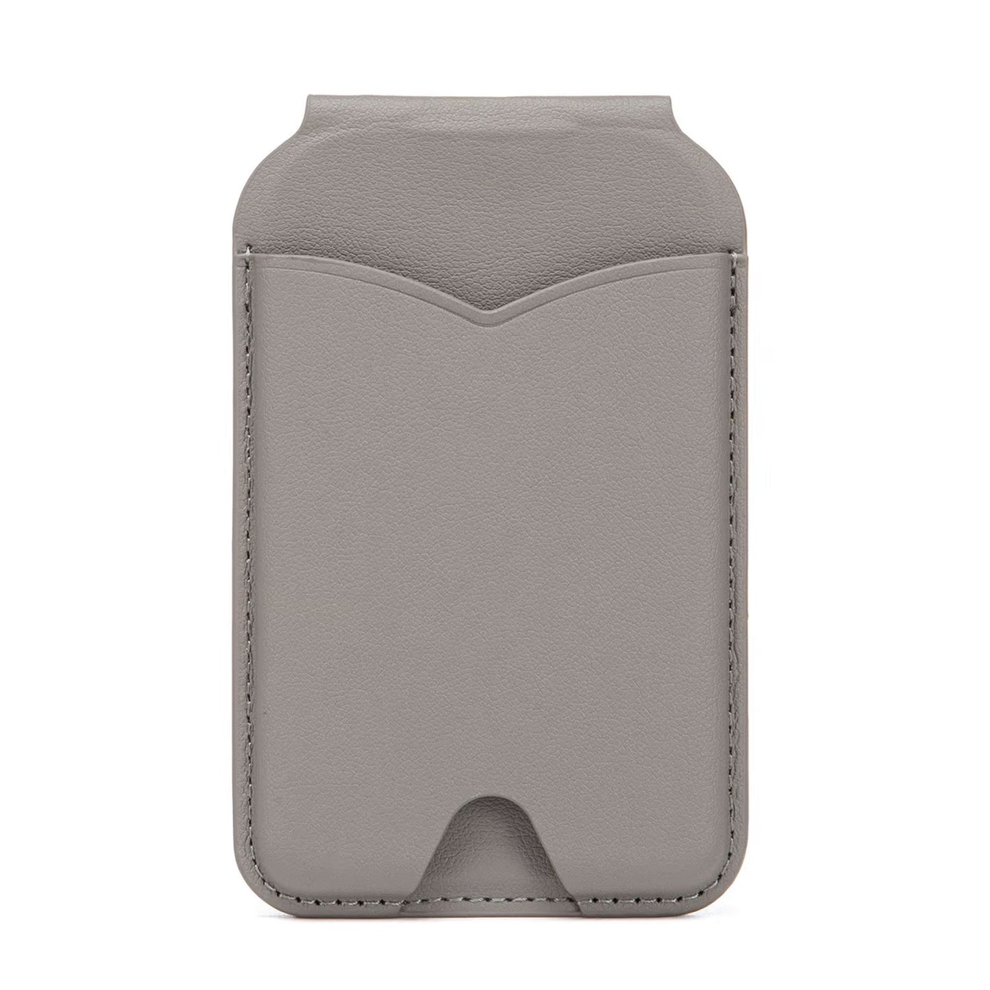 Der arktis iPhone MagSafe Wallet Kartenhalter mit Spiegel in grauem Kunstleder verfügt über eine Vordertasche und abgesteppte Ränder, die vor einem weißen Hintergrund dargestellt werden.