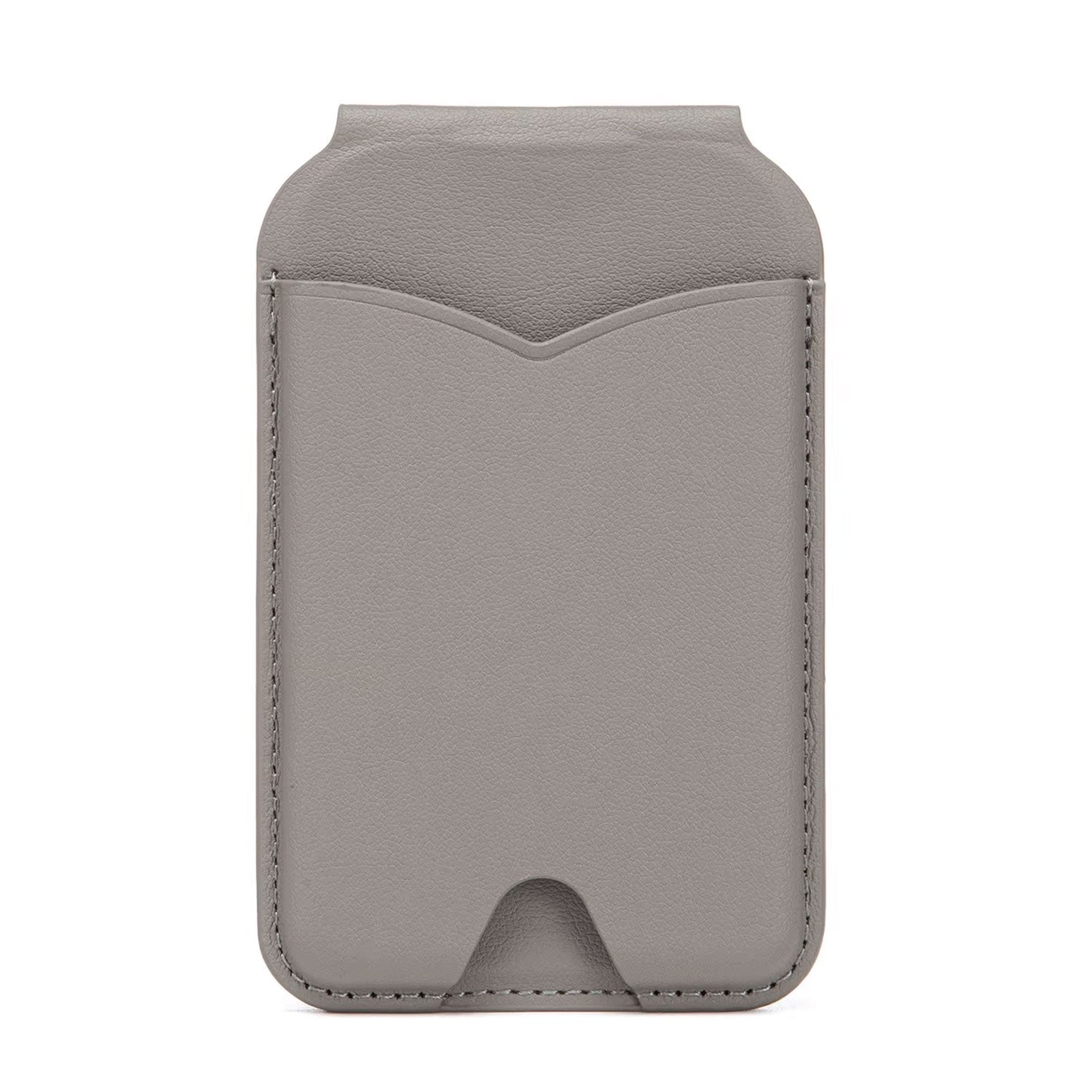 Der arktis iPhone MagSafe Wallet Kartenhalter mit Spiegel in grauem Kunstleder verfügt über eine Vordertasche und abgesteppte Ränder, die vor einem weißen Hintergrund dargestellt werden.