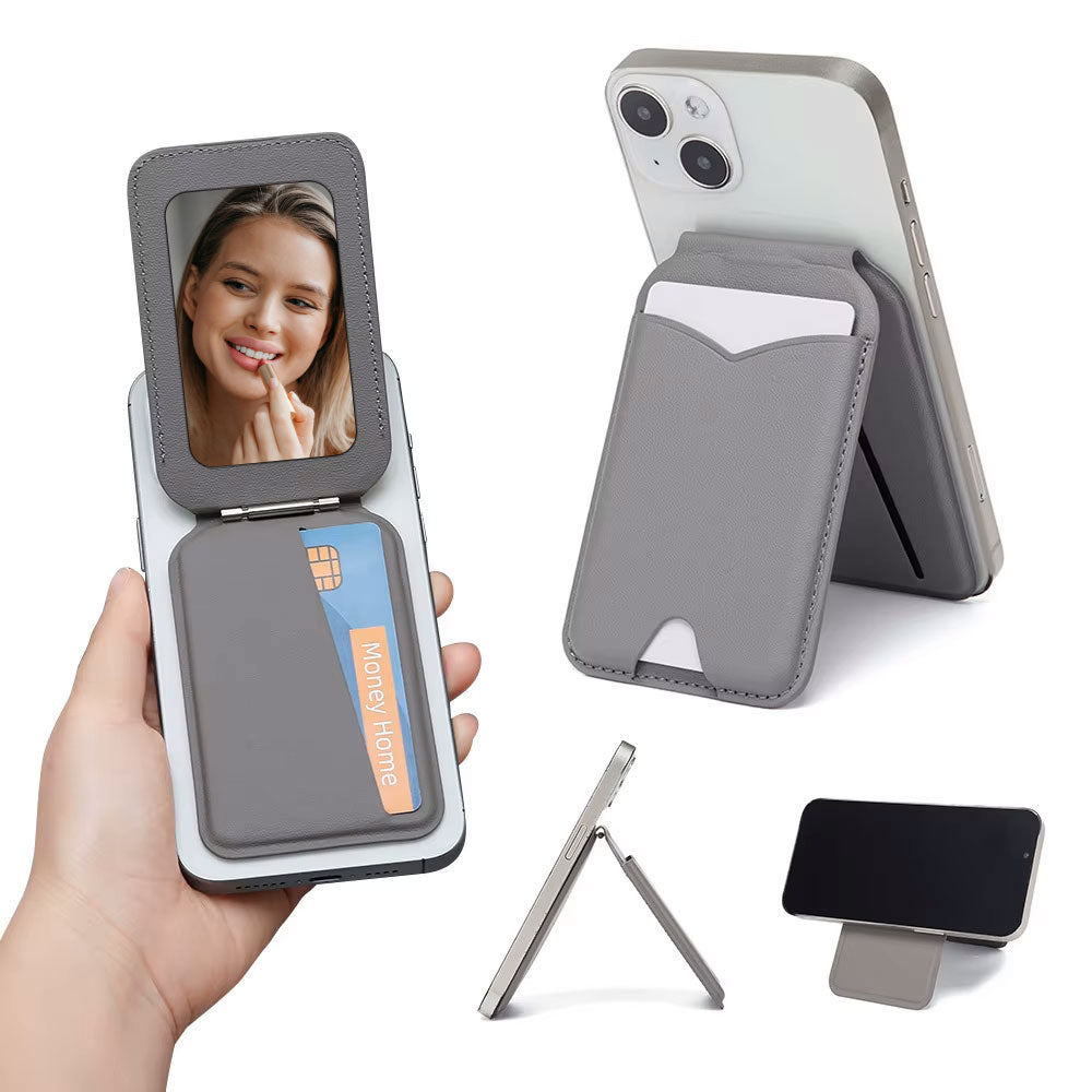 Der arktis iPhone MagSafe Wallet Kartenhalter mit Spiegel ist ein graues Kunstleder Wallet und Ständer für das iPhone 12, wird magnetisch befestigt, hält Karten, verfügt über einen Spiegel und ermöglicht mehrere Blickwinkel.