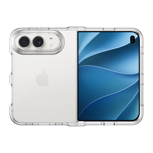 Ein faltbares Smartphone mit der „Arktis iPhone Duo Pure“-Hülle – einer stoßfesten, MagSafe-kompatiblen Hülle in transparentem Design, bei der die Kameras und das Apple-Logo zur Hälfte sichtbar sind, während die andere Hälfte einen blauen Bildschirm zeigt.