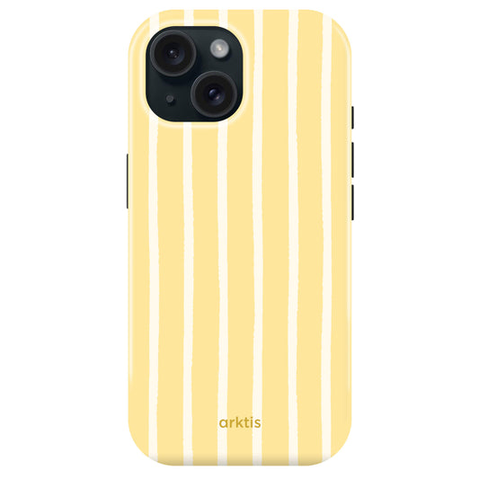 Die arktis iPhone 15 Hülle - Sunny Stripes verfügt über gelbe und weiße Streifen, das arktis-Logo, stoßabsorbierendes TPU-Silikon, ist MagSafe kompatibel, und passt für Dual-Kamera iPhone 15 Modelle.