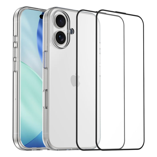 Das arktis iPhone 17 Sparpaket von arktis enthält eine transparente iPhone 17 Hülle und zwei Displayschutzgläser, hier mit einem weißen iPhone mit zwei Rückkameras - das ideale Komplettpaket für optimalen Schutz.