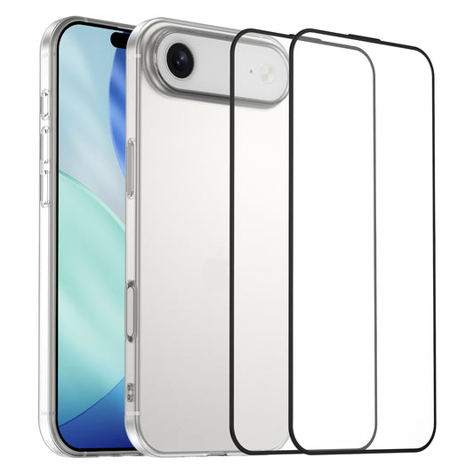 Das arktis iPhone Air Sparpaket, bestehend aus einem arktis Clear iPhone Air Case und zwei Schutzgläsern, ist neben einem silbernen Smartphone mit blau-grünem Bildschirm abgebildet - Ihr stylisches Komplettpaket von arktis.