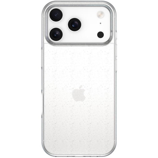 Das arktis iPhone 17 Pro Max Glitter Case ist eine transparente Hülle von arktis mit silbernem Glitter, die das Design des weißen iPhone 17 Pro Max mit seiner Dreifach-Kamera perfekt zur Geltung bringt.