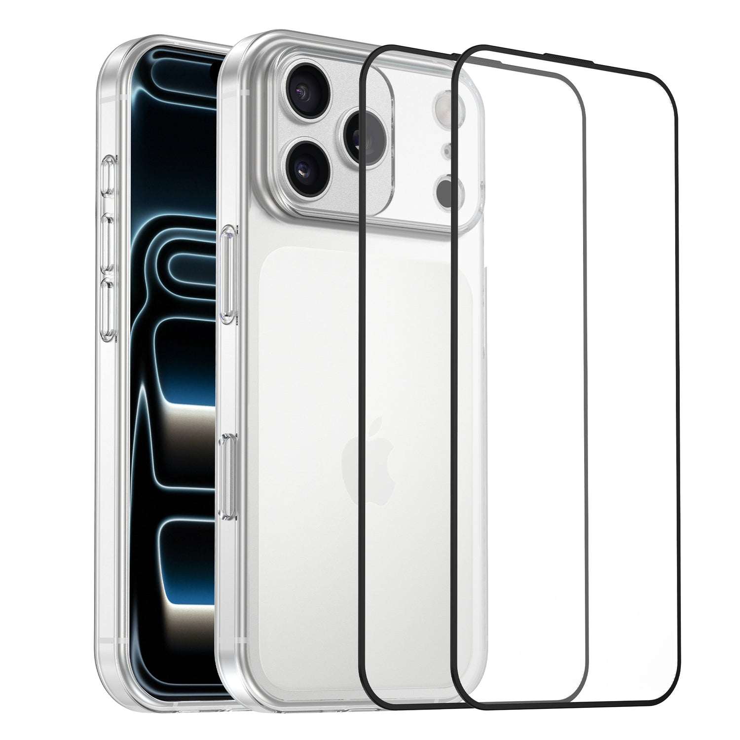 Das arktis iPhone 17 Pro Max Sparpaket von arktis besteht aus einer klaren TPU Silikon Hülle und zwei Displayschutzgläsern, hier mit einem silbernen iPhone 17 Pro Max Case auf weißem Hintergrund.