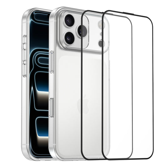 Das arktis iPhone 17 Pro Max Sparpaket von arktis besteht aus einer klaren TPU Silikon Hülle und zwei Displayschutzgläsern, hier mit einem silbernen iPhone 17 Pro Max Case auf weißem Hintergrund.