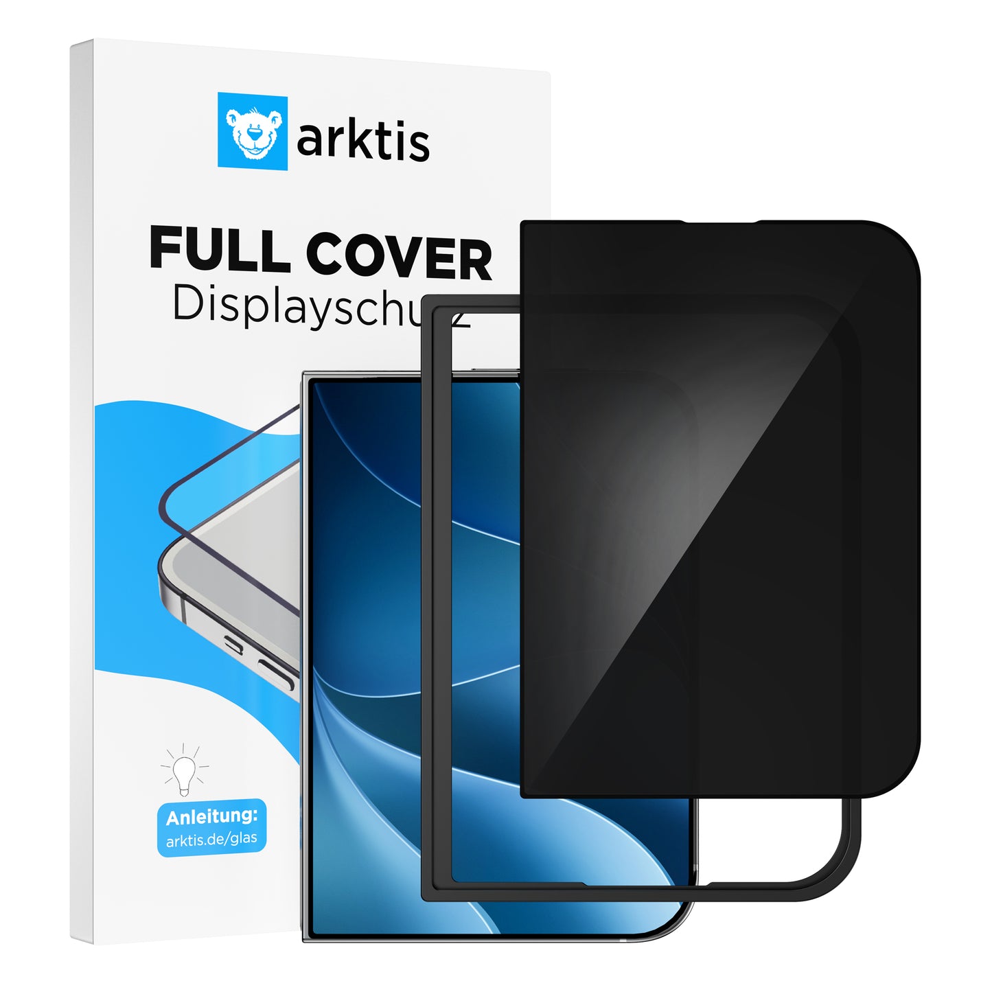 Arktis iPhone Duo PRIVACY Displayschutz GLAS – hüllenfreundliche Verpackung mit Smartphone, Gebrauchsanweisung und zwei schwarzen 9H-Glas-Displayschutzfolien „arktis Privacy“ von arktis.