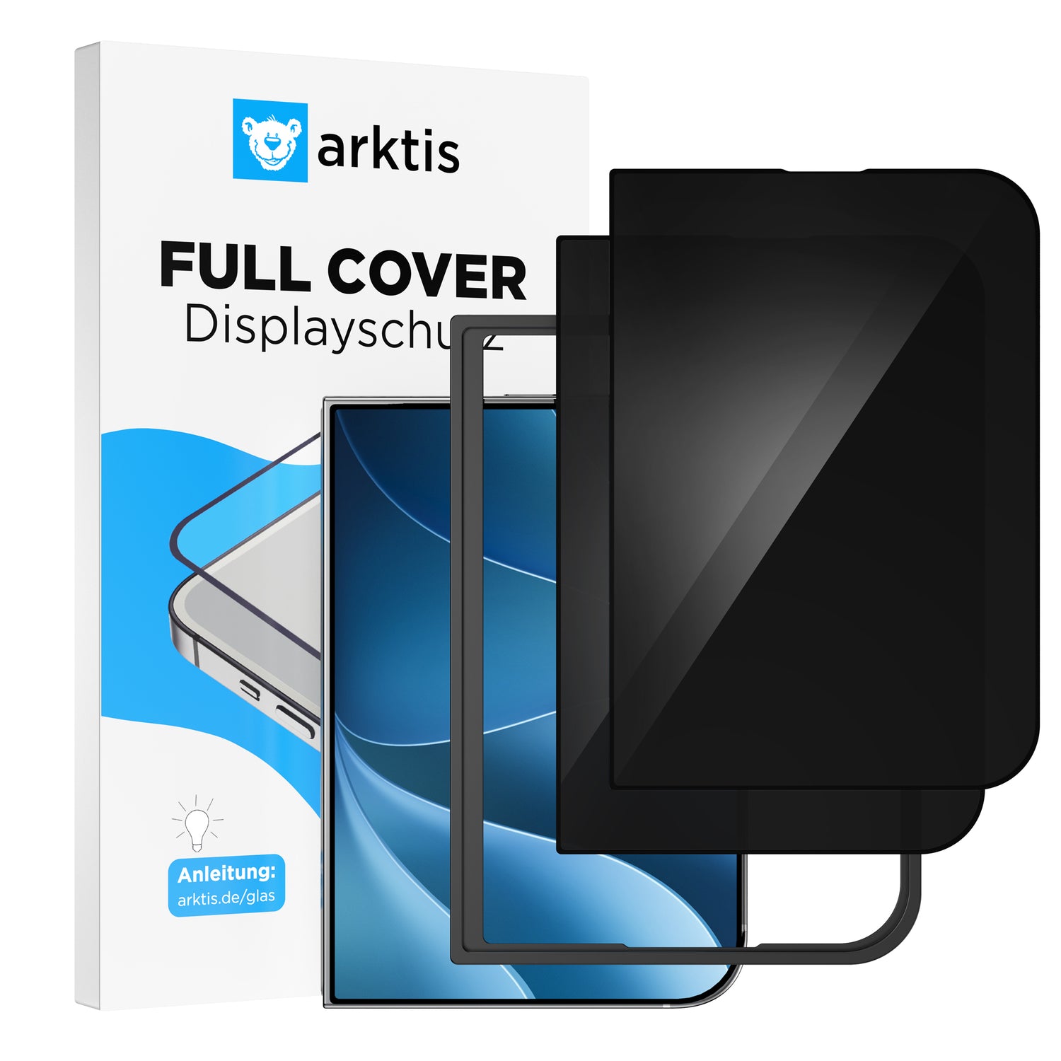 Abbildung der Verpackung des „Arktis iPhone Duo PRIVACY Displayschutz GLAS“ mit einer Displayschutzfolie und einem Einbaurahmen, bestehend aus einer Sichtschutzfolie und robustem 9H-Glas für ultimativen iPhone-Displayschutz von arktis.