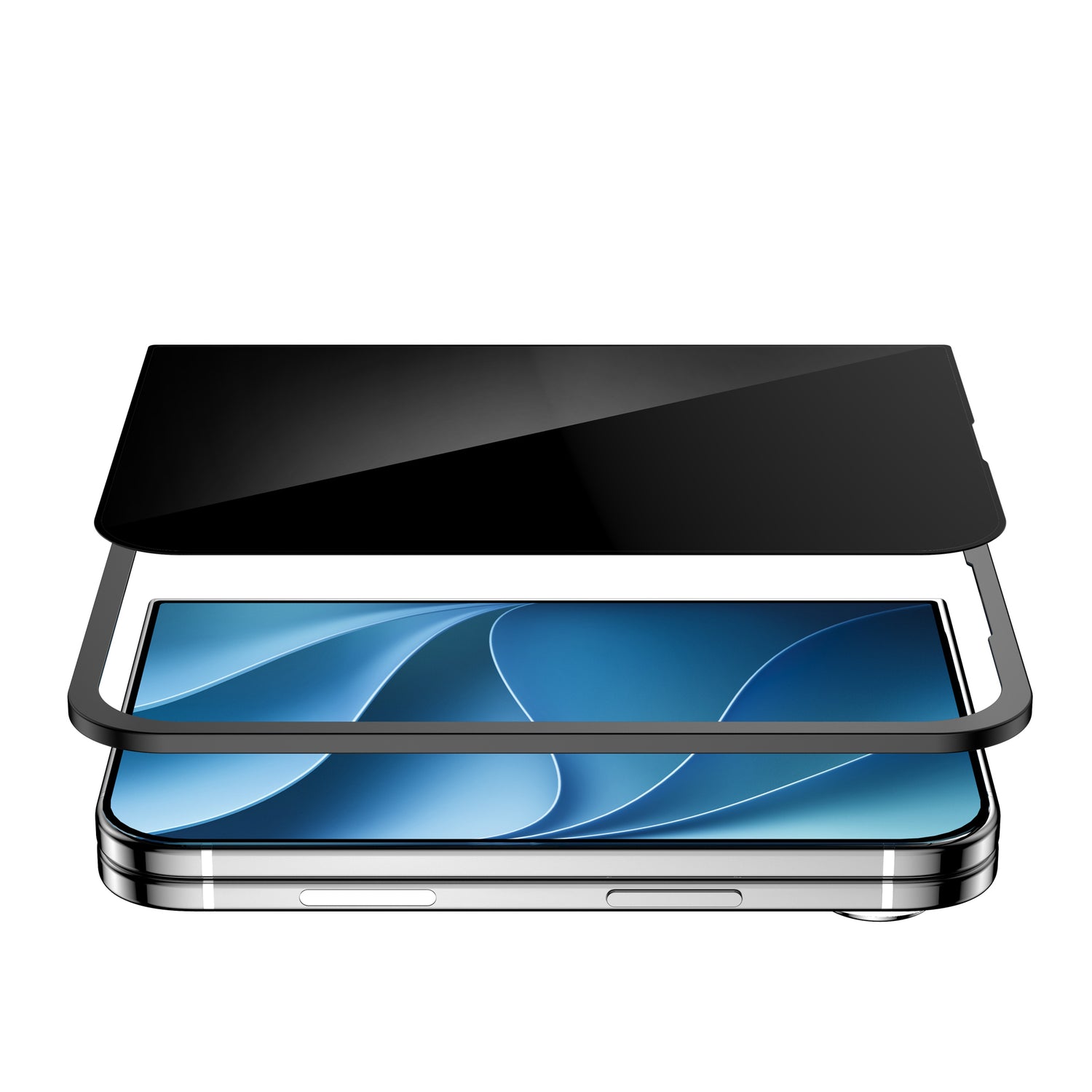Ein iPhone, auf dessen Display das „arktis iPhone Duo PRIVACY Displayschutz GLAS“ präzise ausgerichtet und montagefertig angebracht ist – mit einer Sichtschutzfolie aus 9H-Hartglas von arktis für hervorragenden Schutz und verbesserte Privatsphäre.