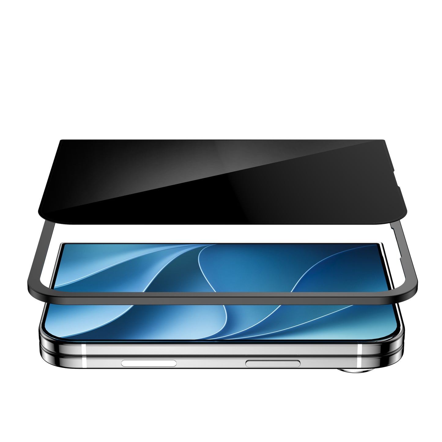 Ein „Arktis iPhone Duo PRIVACY Displayschutz GLAS“-Displayschutz schwebte über einem Smartphone mit einem blauen, abstrakten Display und demonstrierte damit fortschrittlichen Sichtschutz für ultimative Bildschirmsicherheit.