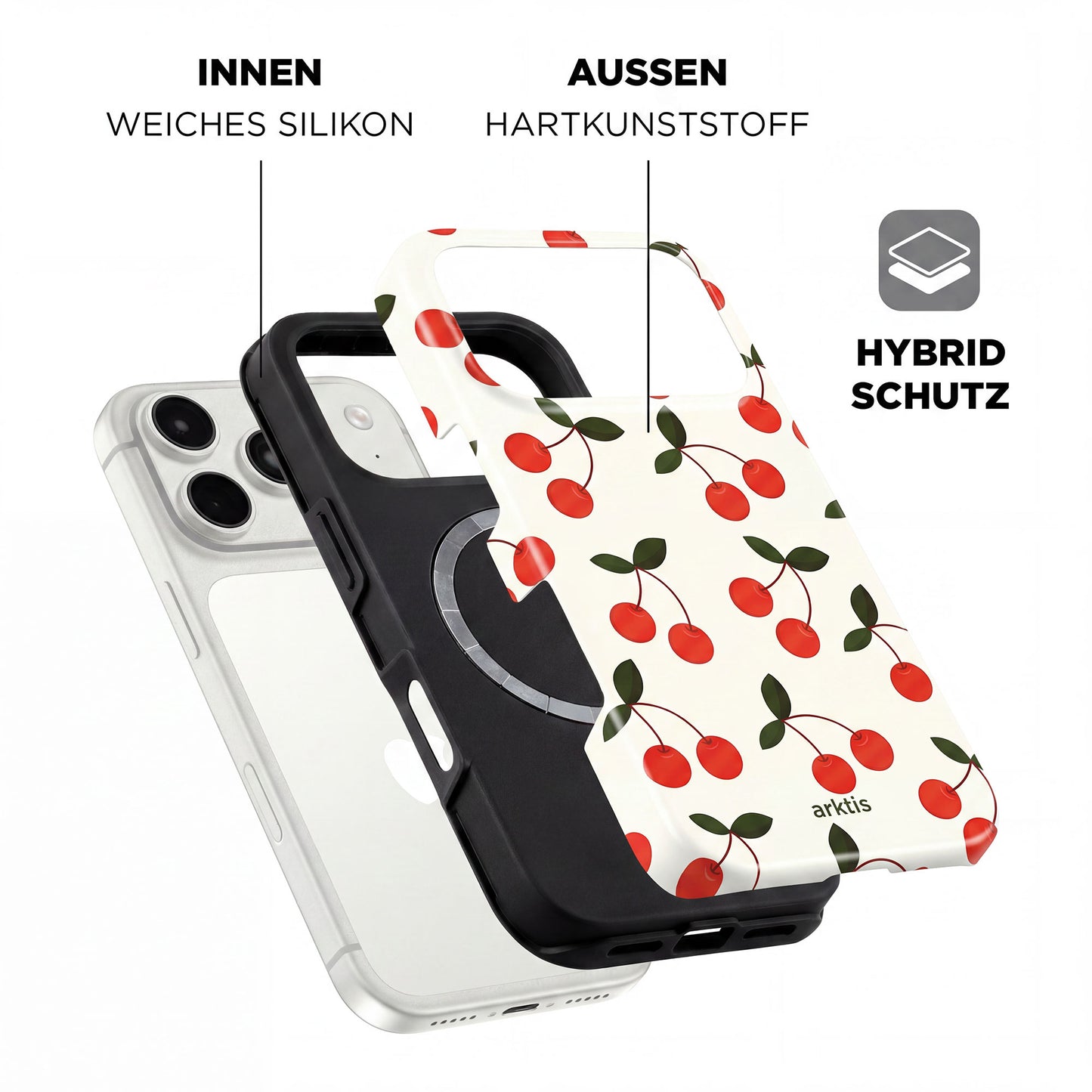 Explosionszeichnung der arktis iPhone 17 Pro Max Hülle - Cherry, mit MagSafe-Kompatibilität, stoßdämpfender TPU-Silikon-Innenschicht und Hartplastik-Außenschale von arktis.