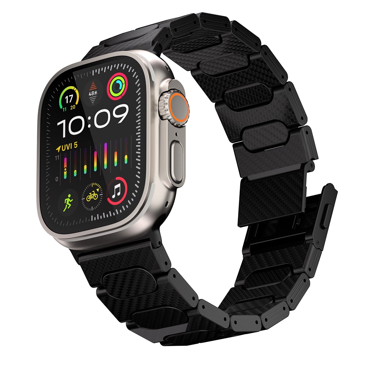 Das Arktisband Apple Watch Ultra HURRICANE Karbon Armband ist eine Smartwatch mit schwarzem Metallarmband, magnetischem Schnappverschluss und zeigt auf ihrem Bildschirm bunte App-Symbole sowie die Uhrzeit 10:09 an.