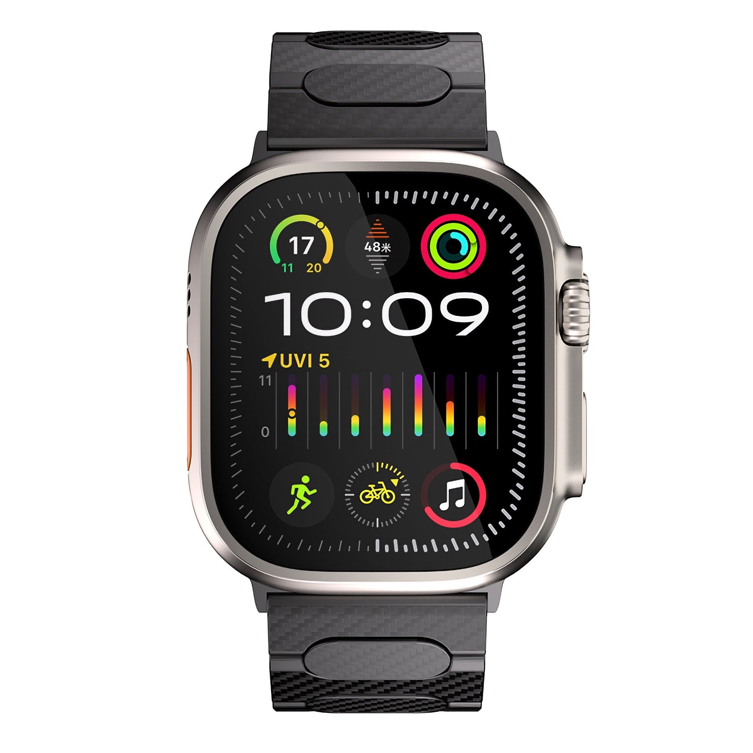 Das Arktisband Apple Watch Ultra HURRICANE Karbon-Armband verfügt über ein schwarzes Band mit Aktivitätstracking, Karbonfaser-Details und einem magnetischen Schnappverschluss für sicheres, stilvolles Tragen im Alltag.