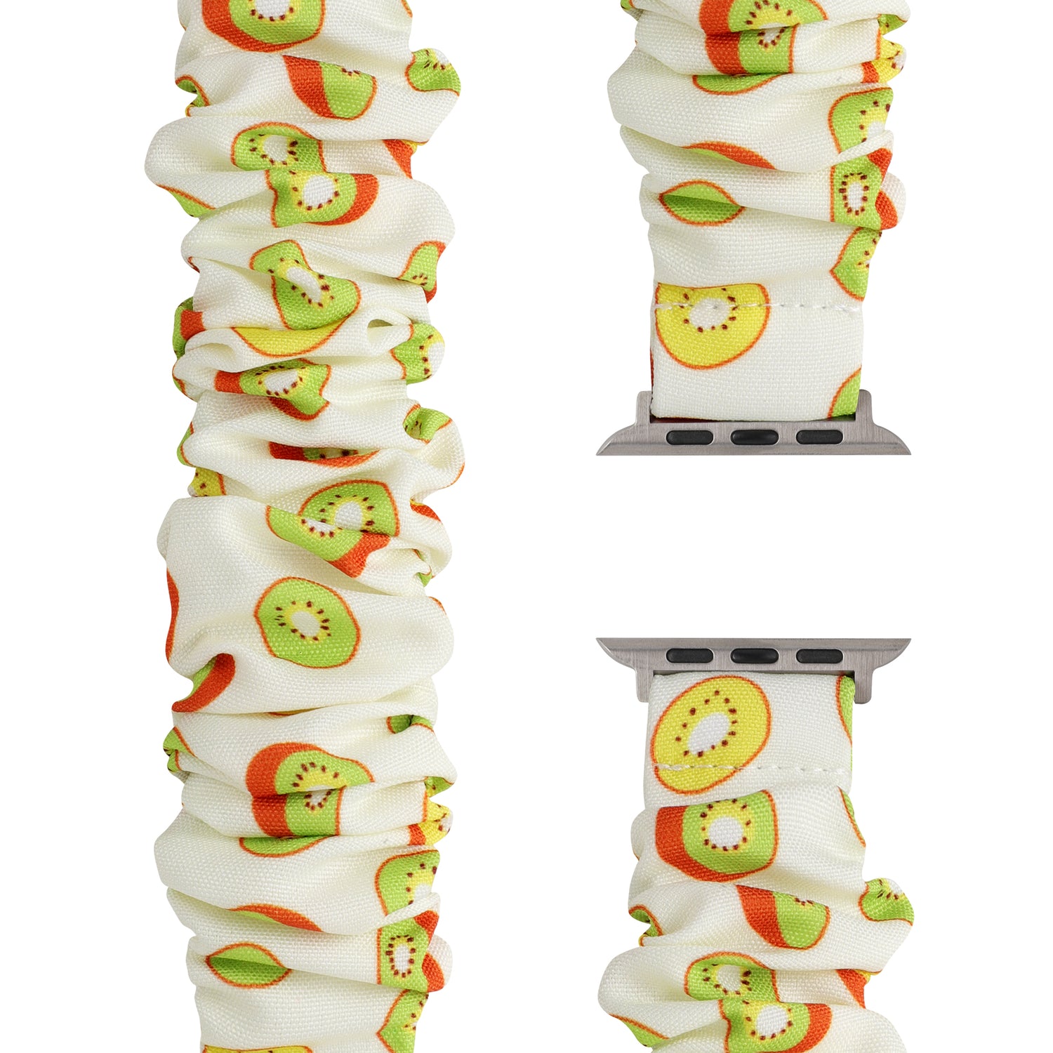 Das arktisband Apple Watch Armband "Elanora" ist ein Armband im Scrunchie-Stil mit einem verspielten Kiwi-Fruchtmuster, das aus verschiedenen Blickwinkeln auf weißem Hintergrund gezeigt wird.