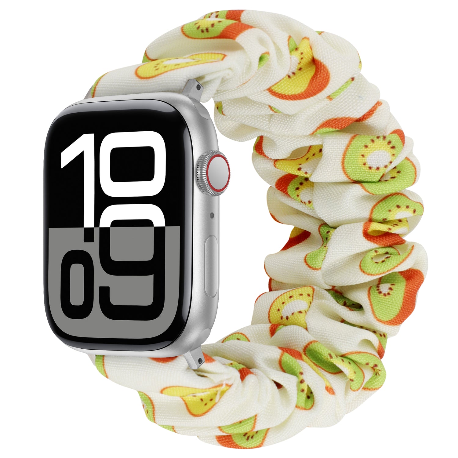 Das arktisband Apple Watch Armband "Elanora" ist ein stylisches Armband im Scrunchie-Stil mit einem bunten Fruchtmuster auf weißem Grund - perfekt, um Ihrer Apple Watch ein besonderes Flair zu verleihen.