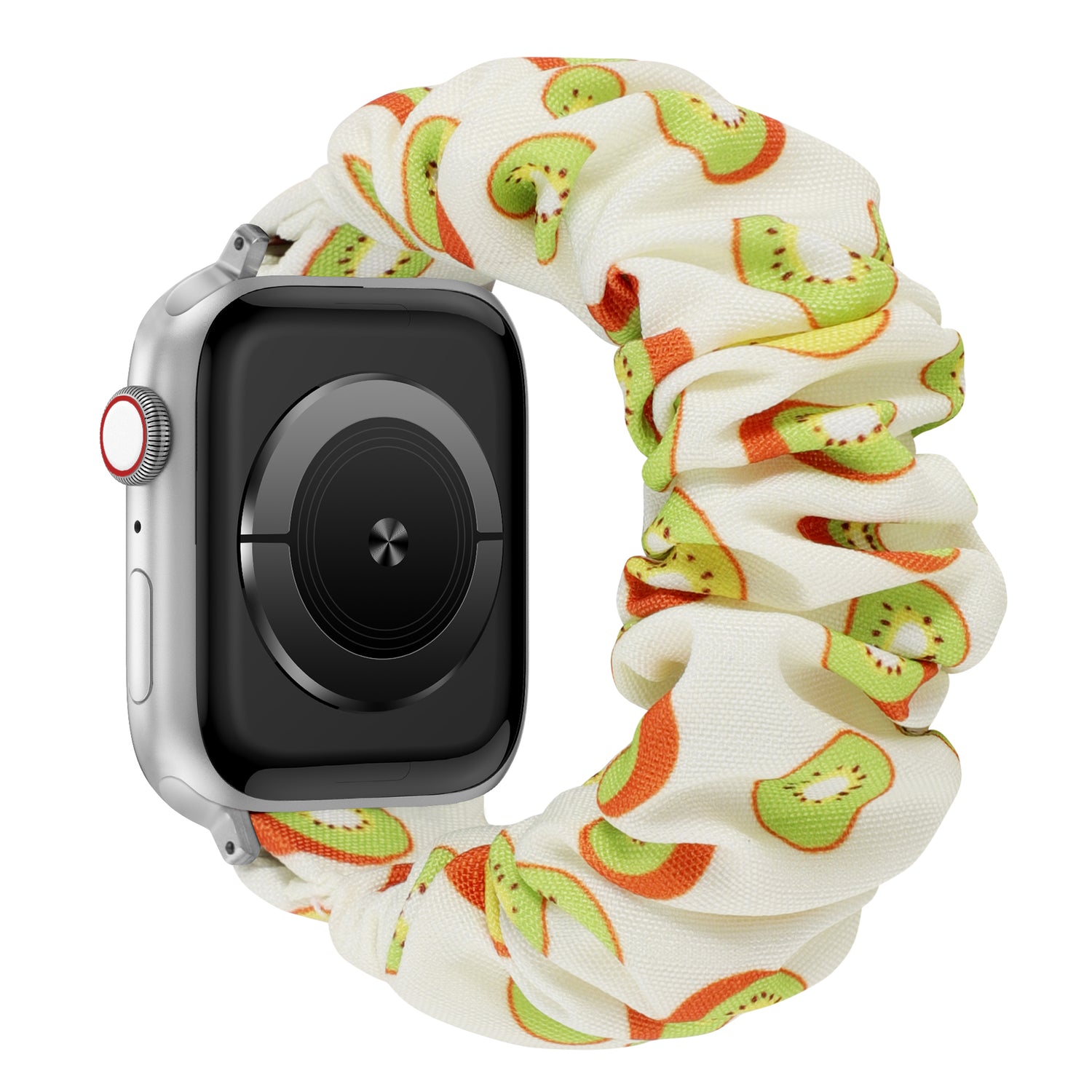 Das arktisband Apple Watch Armband "Elanora" zeigt ein Band im Scrunchie-Stil mit grünen und orangen Fruchtscheiben auf weißem Stoff - ein stylisches Accessoire von arktisband für jeden Look.