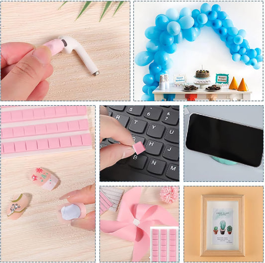 Eine Collage zeigt arktis Reinigungsknete für iPhone, iPad und Apple Watch zum Reinigen von Ohrhörern, Tastaturtasten, iPhones, ein Telefon auf einem grünen Pad, mit zusätzlichen Details wie einem blauen Ballonbogen und einem gerahmten Kaktusdruck.