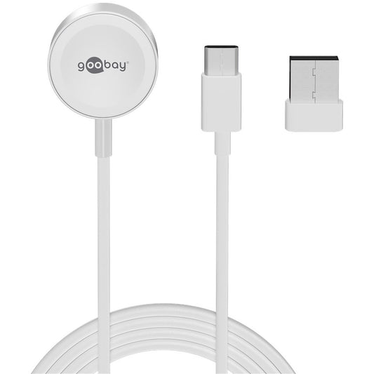 Goobay Magnetisches Ladegerät für Apple Watch (1 m) mit USB-C Stecker und USB-A Adapter, ideal zum kabellosen Laden, auf weißem Hintergrund abgebildet.