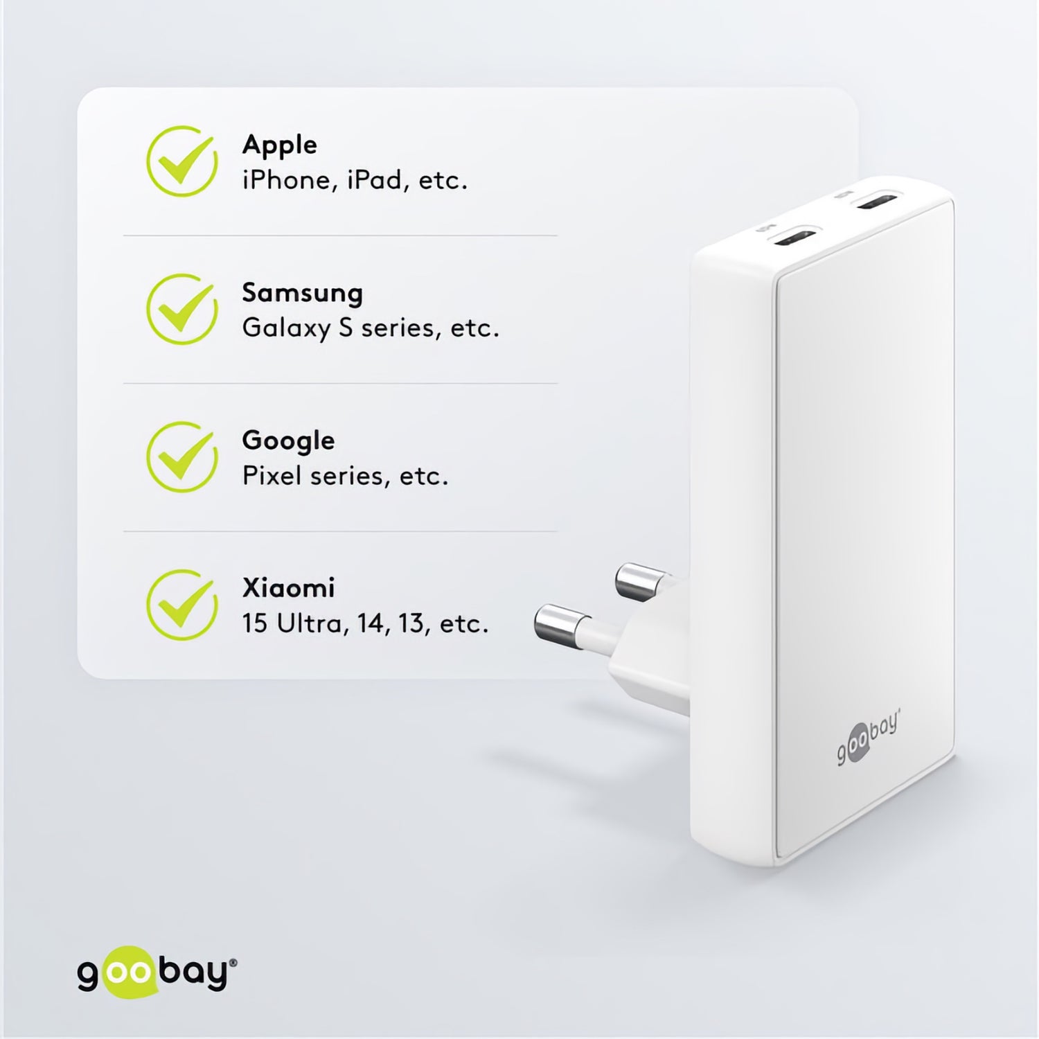 Das Goobay USB-C Dual-Schnellladegerät 90° Flat 65 W mit GaN-Technologie ist kompatibel mit Geräten von Apple, Samsung, Google und Xiaomi.