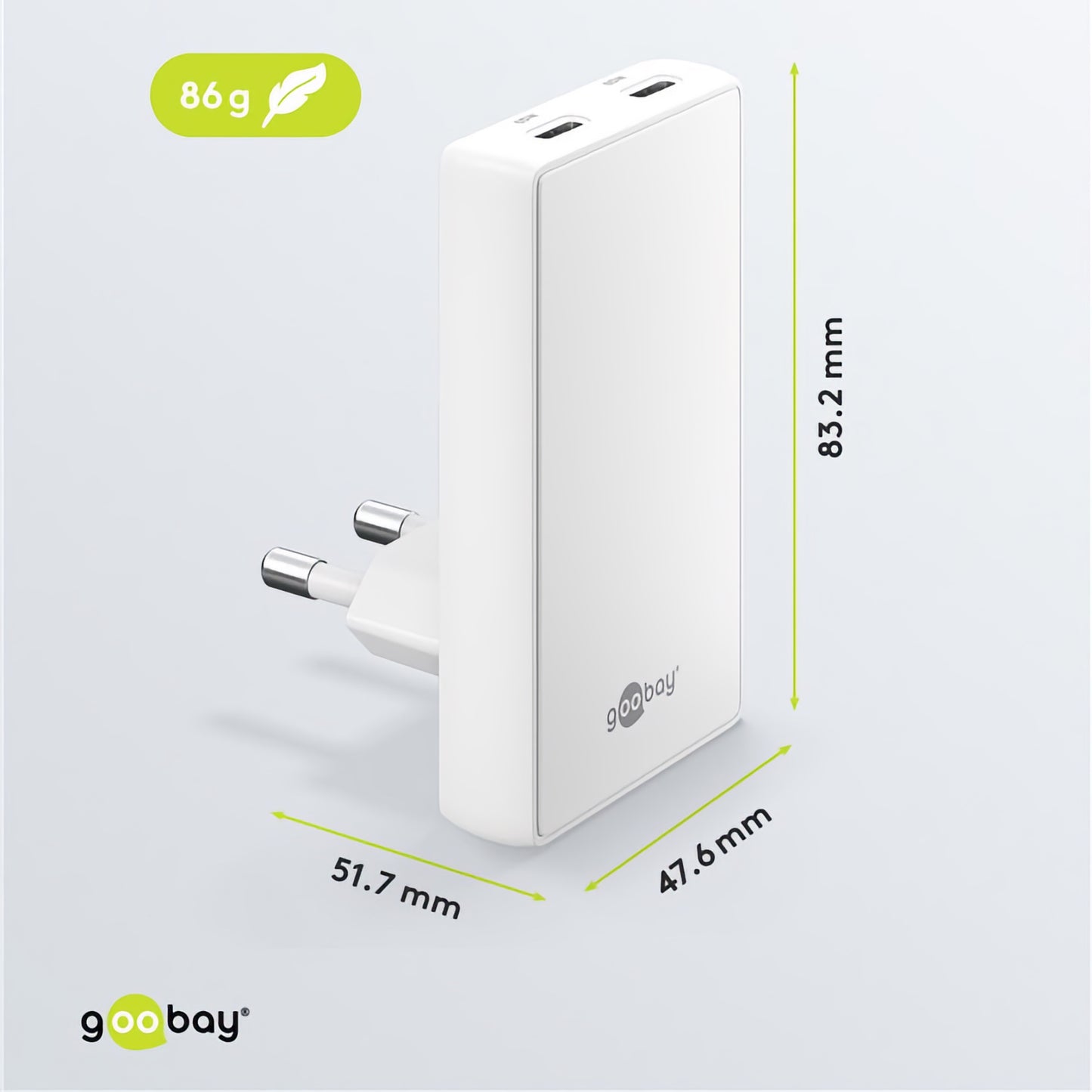 Das Goobay USB-C Dual-Schnellladegerät 90° Flat 65 W ist kompakt (83,2 x 51,7 x 47,6 mm), leicht (86 g) und nutzt moderne GaN-Technologie für effizientes Laden über zwei Ports.