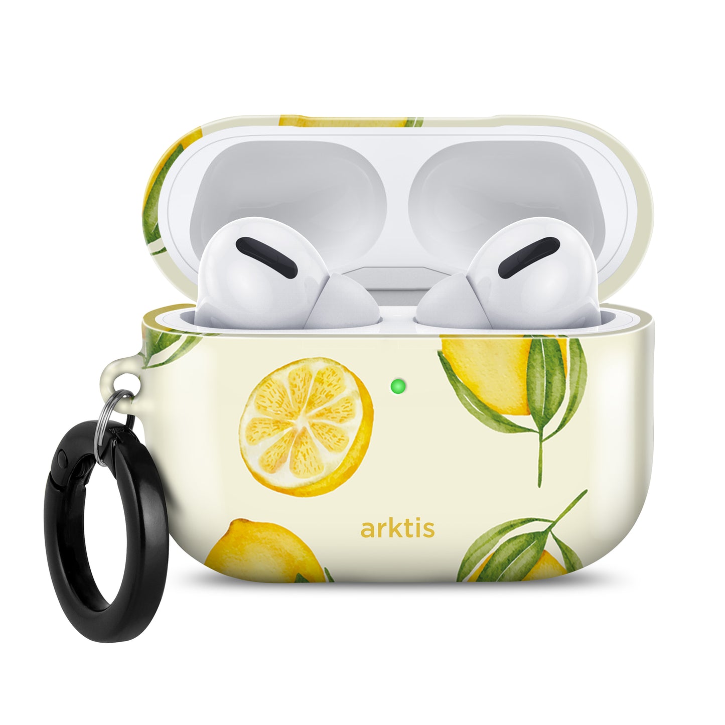 Die arktis AirPods Pro 3 Hülle – Lemon schützt deine AirPods Pro 3 stilvoll mit einem Zitronen-Design, einem schwarzen Schlüsselring und einem gut sichtbaren Markenlogo. Kompatibel mit kabellosem Laden – perfekt für unterwegs!.