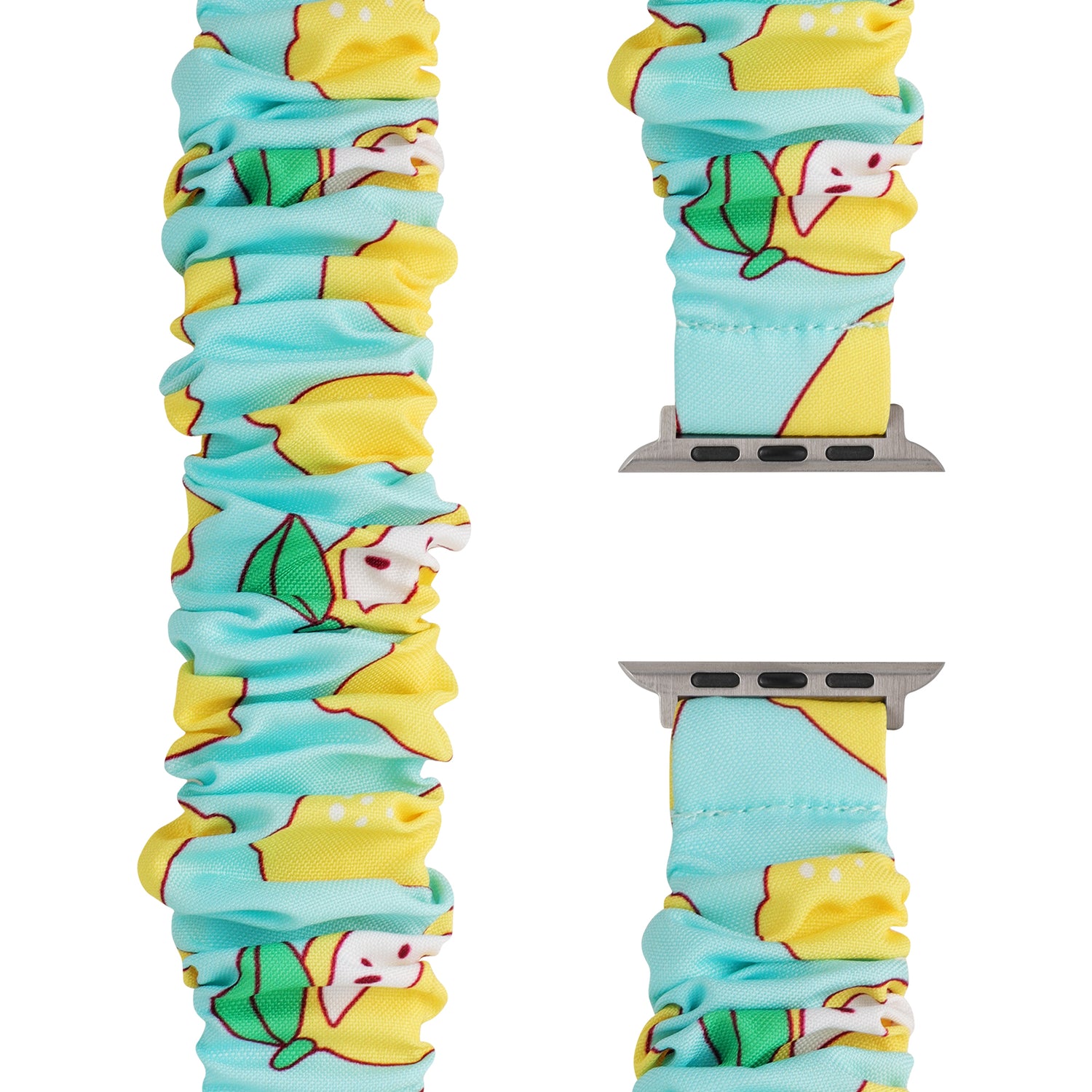 Das arktisband Apple Watch Armband "Elanora" hat einen Scrunchie-Stil mit gelben Zitronen und grünen Blättern auf hellblauem Grund von arktisband, für einen frischen, verspielten Look.