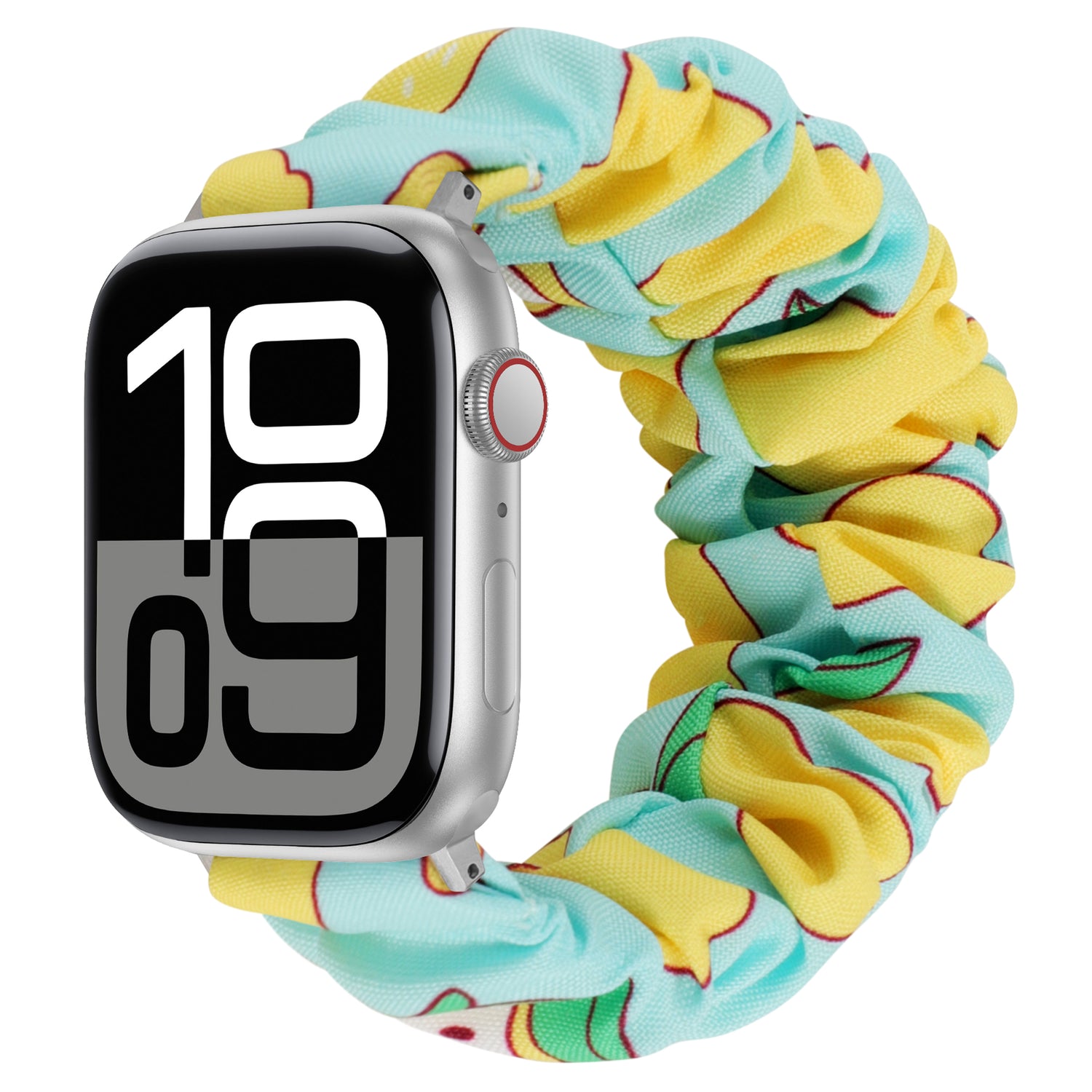 Das arktisband Apple Watch Armband "Elanora" zeichnet sich durch ein farbenfrohes Design im Scrunchie-Stil und eine auffällige Digitalanzeige aus - ideal für alle, die ein modisches Armband suchen.