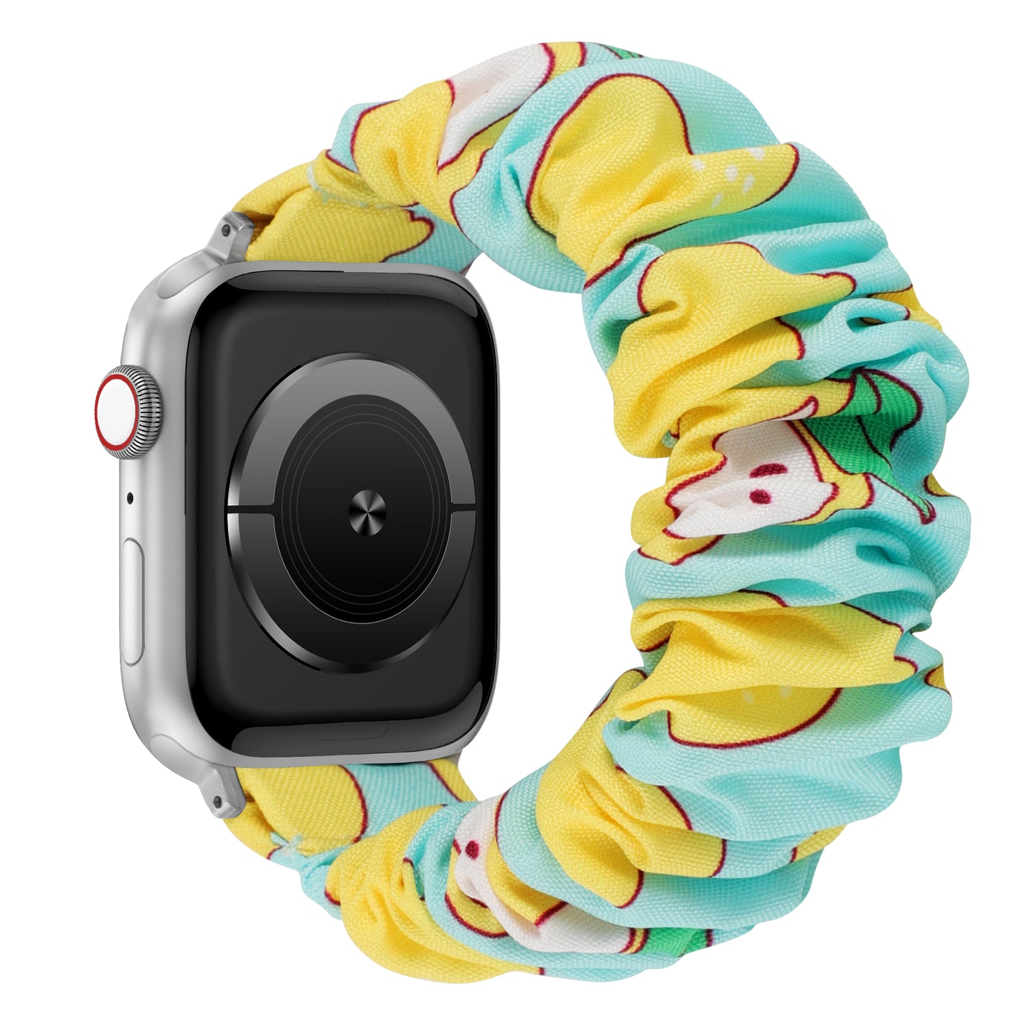 Das arktisband Apple Watch Armband "Elanora" ist ein farbenfrohes Armband im Stil eines Haargummis mit einem gelben Apfelmuster - ein stilvolles Accessoire für Ihre Apple Watch.