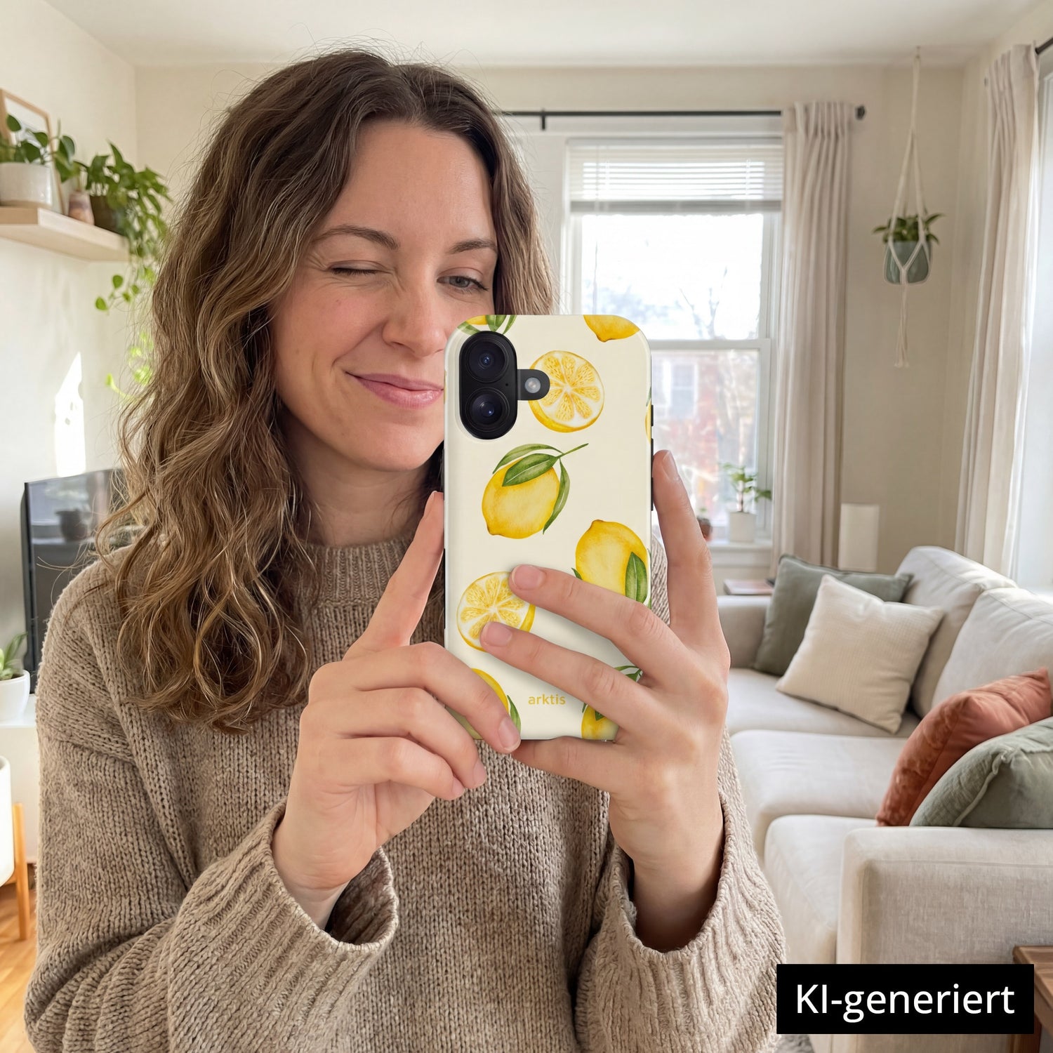 Eine Frau mit gewelltem Haar zwinkert und macht ein Selfie in ihrem hellen Wohnzimmer, in der Hand ihre arktis iPhone 15 Hülle - Lemon. Die MagSafe-kompatible arktis Hülle ist aus stoßabsorbierendem TPU-Silikon gefertigt und zeigt ein fröhliches Zitronenmuster. KI-generiert.
