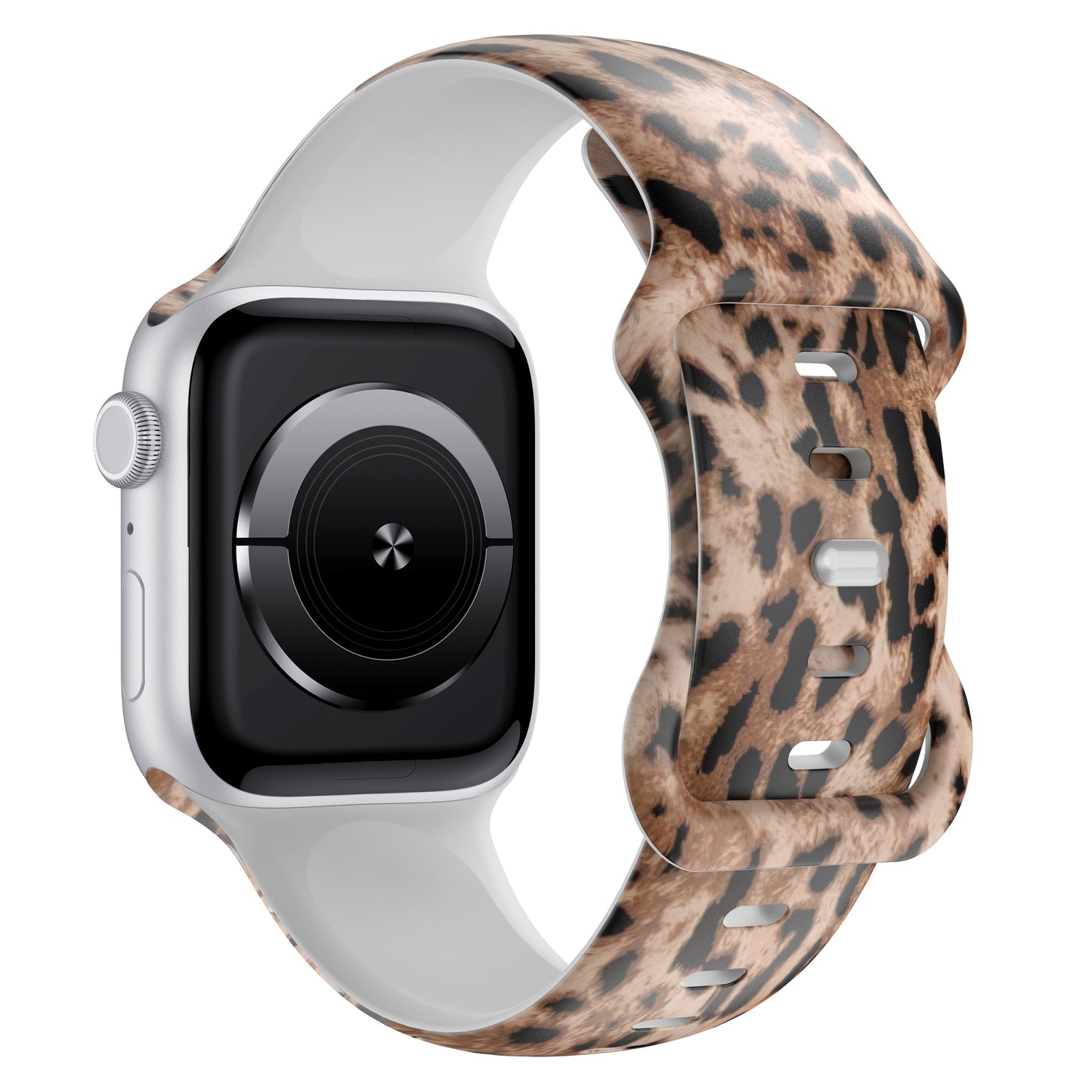 Das arktisband Leopard Apple Watch Armband von arktisband verfügt über ein stylisches Silikonband mit Leopardenmuster, ideal für sportliche Aktivitäten, dargestellt mit einem silbernen Gehäuse auf weißem Hintergrund.