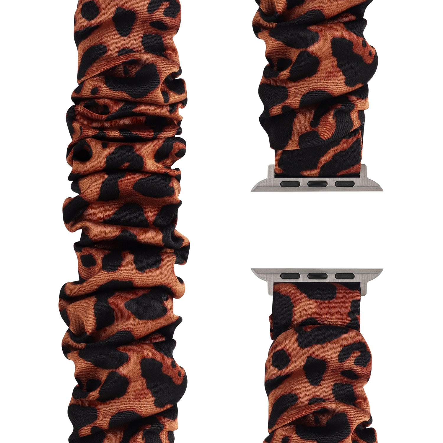 Das arktisband Apple Watch Armband "Elanora", ein braunes und schwarzes Band im Leopardenmuster von arktisband, wird aus mehreren Blickwinkeln gezeigt.