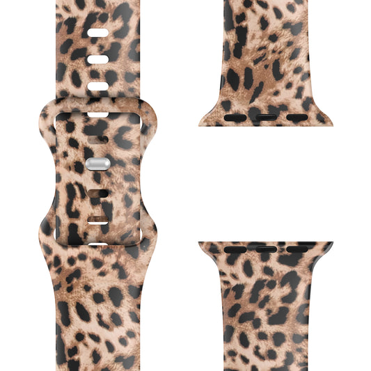 Das arktisband Leopard Apple Watch Armband von arktisband, ideal für sportliche Aktivitäten, wird aus verschiedenen Blickwinkeln auf weißem Hintergrund gezeigt.