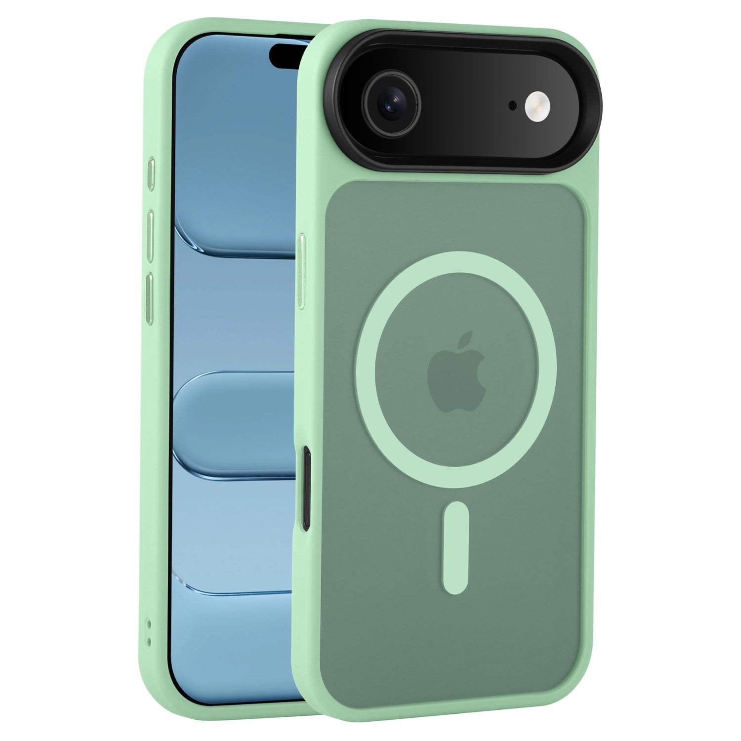 Das arktis iPhone Air Solid Case mit MagSafe von Arktis in Mintgrün, hier auf einem blauen iPhone mit zwei Rückkameras gezeigt.