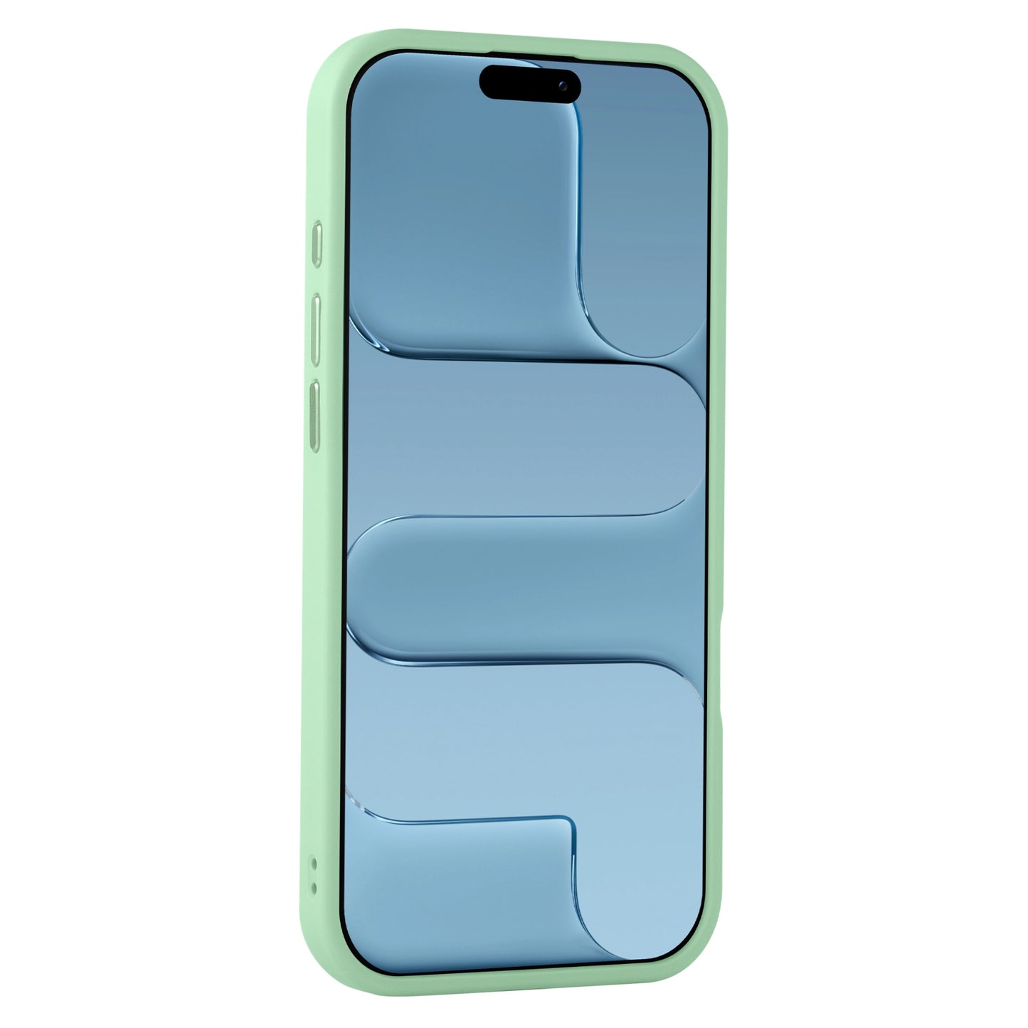 Das Arktis arktis iPhone Air Solid Case mit MagSafe, abgebildet auf einem grünen Smartphone mit einem blauen abstrakten Bildschirmmuster in einem Winkel, bietet Schutz aus TPU-Silikon und ist MagSafe-kompatibel.