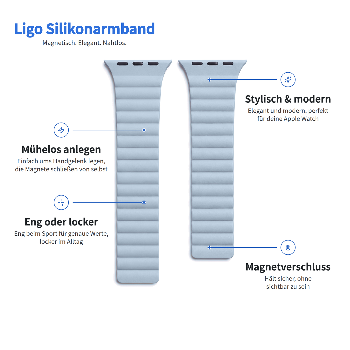 Infografik, die ein hellblaues Arktisband-Silikonarmband Ligo für die Apple Watch mit magnetischen Segmenten und Beschriftungen zeigt.