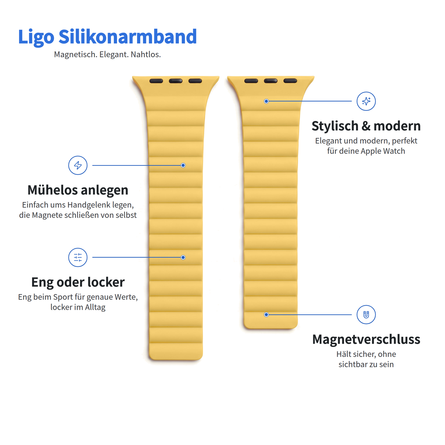 Gelbes Arktisband für die Apple Watch – magnetisches Silikonarmband Ligo mit Beschriftungen zu den Funktionen, der Passform und dem Magnetverschluss.