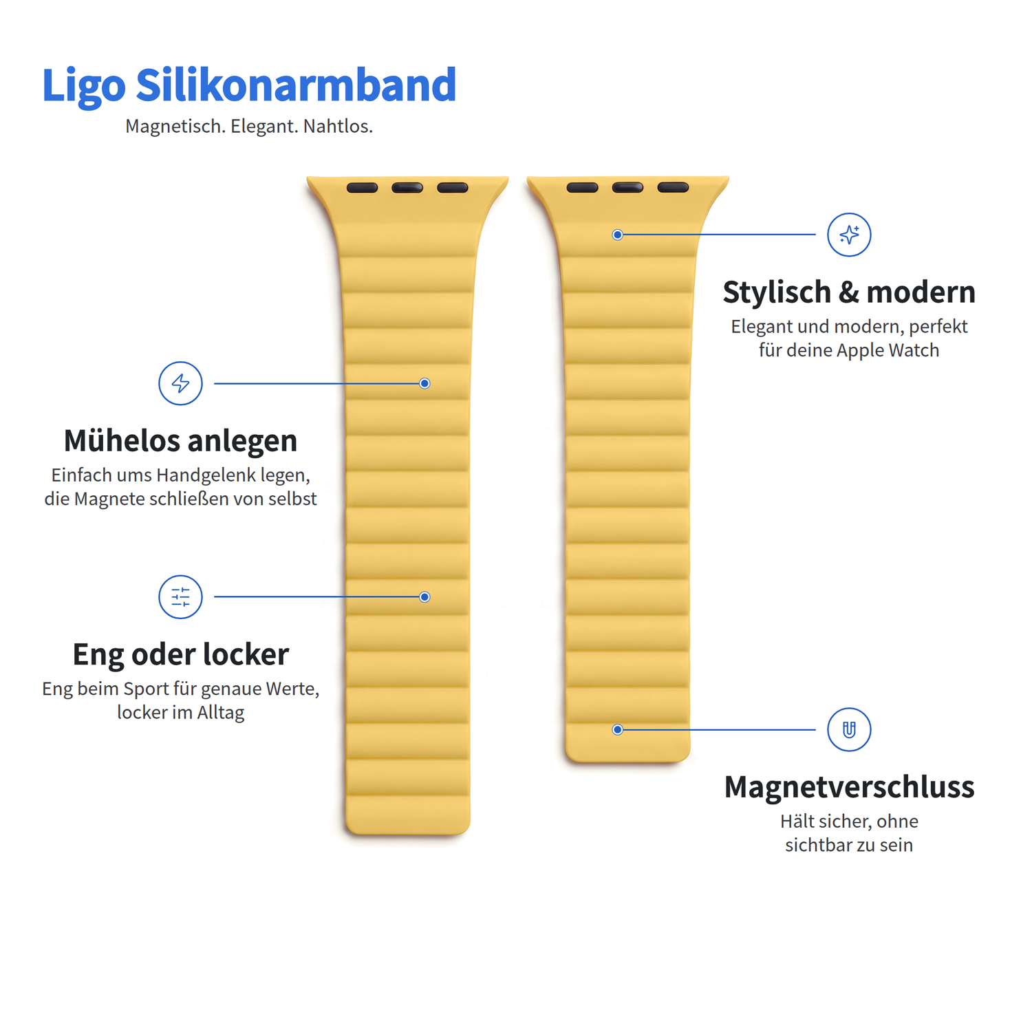 Gelbes Arktisband für die Apple Watch – magnetisches Silikonarmband Ligo mit Beschriftungen zu den Funktionen, der Passform und dem Magnetverschluss.