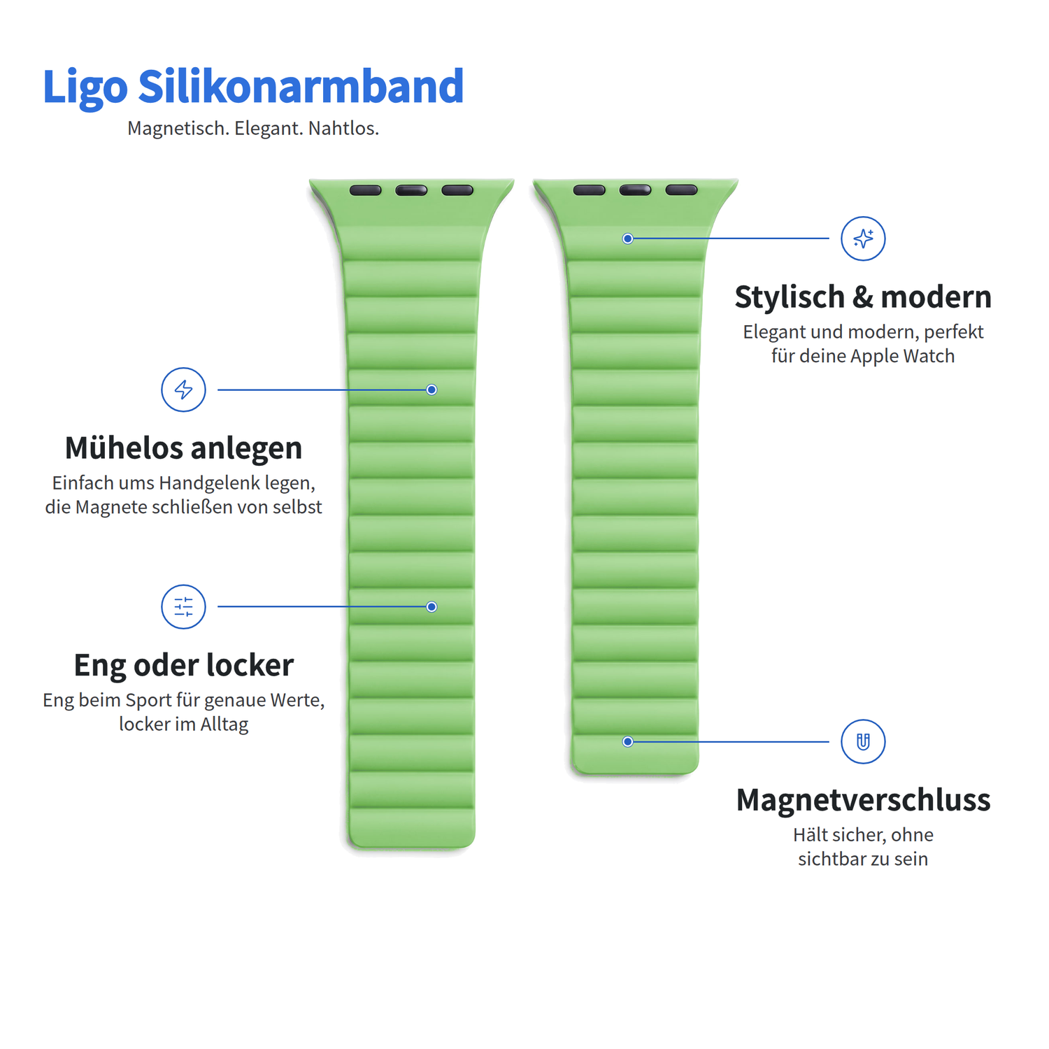 Zwei Segmente eines hellgrünen Arktisband-Silikonarmbands der Apple Watch Ligo mit magnetischen Befestigungspunkten.