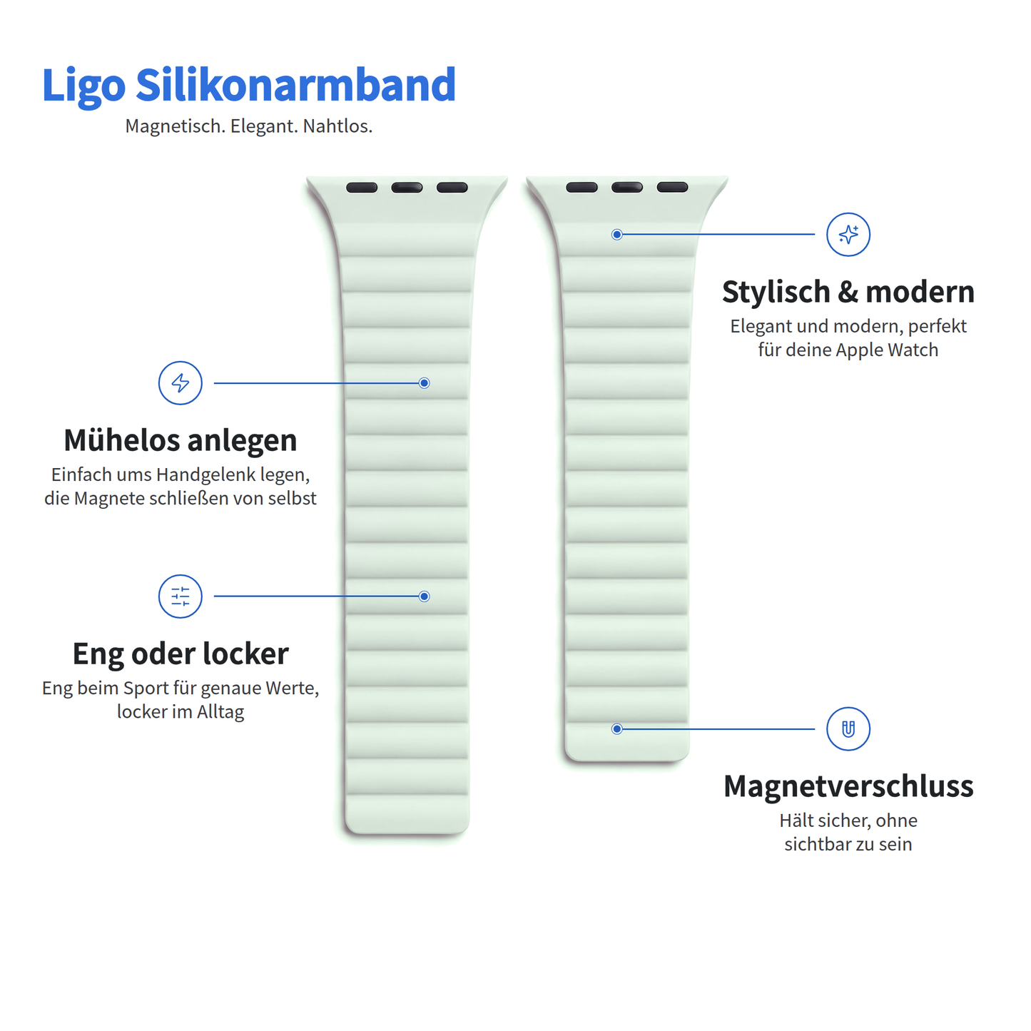 Hellgrünes Arktisband – Apple Watch-Armband aus Silikon Ligo mit Magnetverschluss für einfachen Sitz und sicheren Halt.