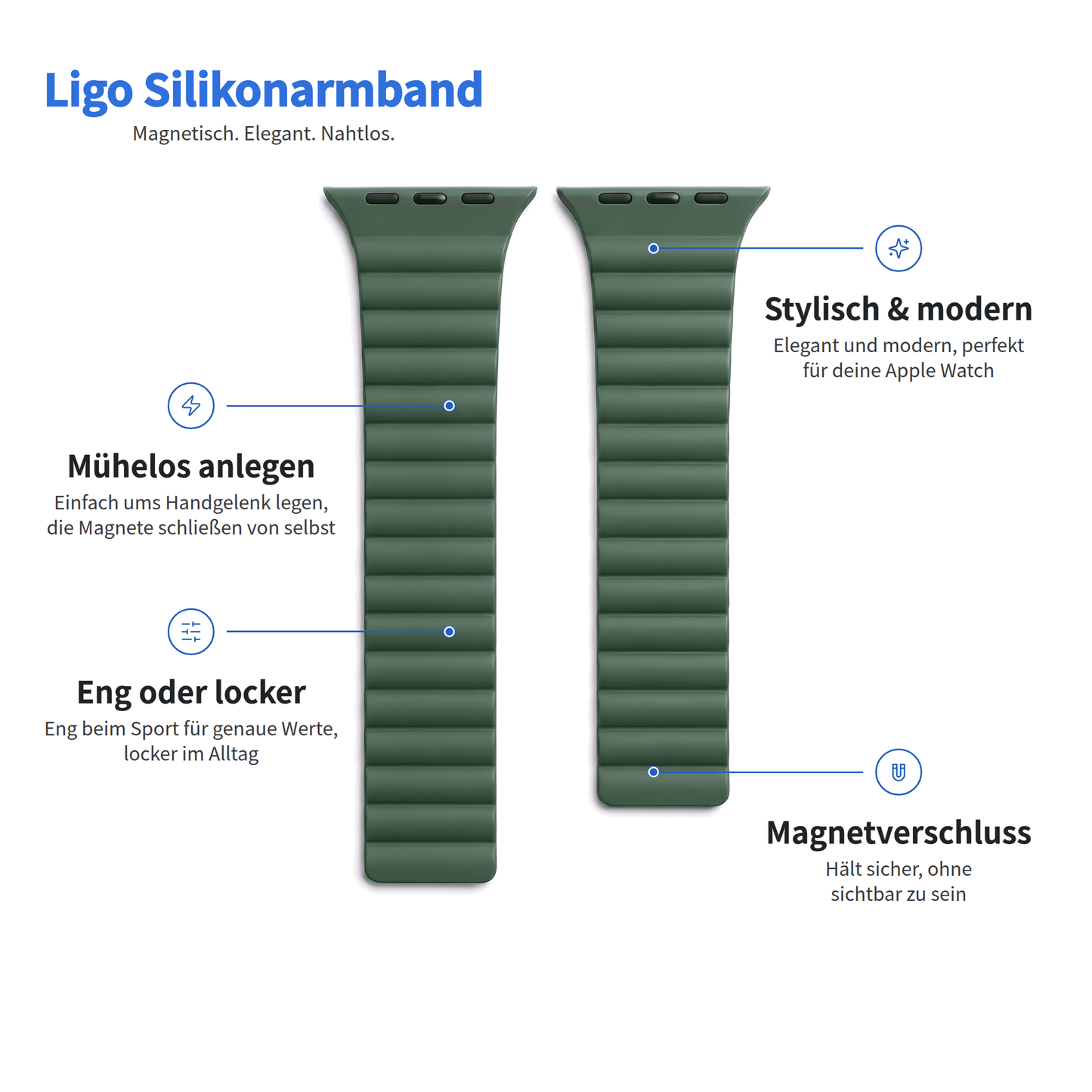 Dunkelgrünes Arktisband für die Apple Watch – magnetisches Silikonarmband Ligo mit magnetischen Segmenten und deutschen Beschriftungen.