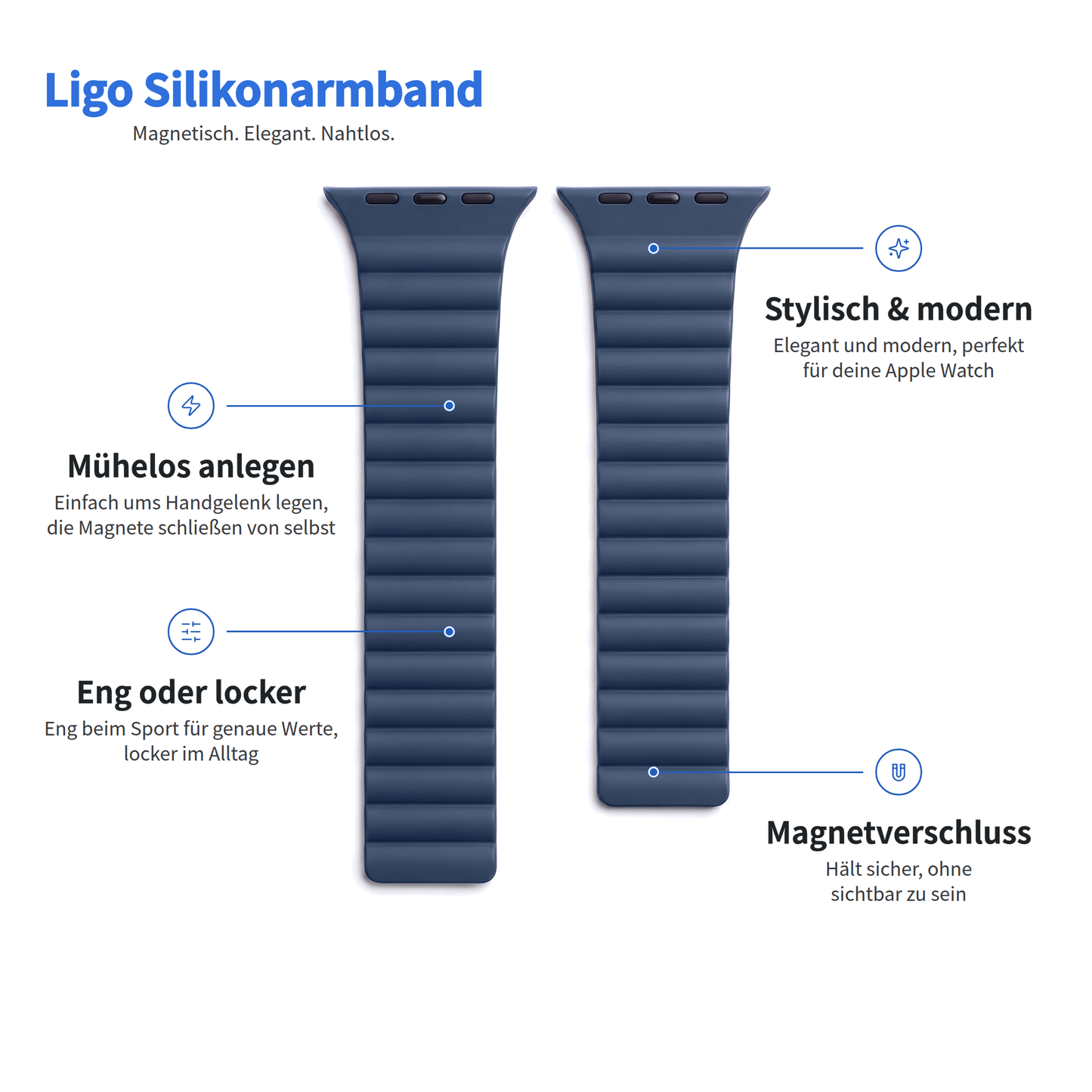 Zwei dunkelblaue Ligo-Silikonarmbänder von Arktisband für die Apple Watch – mit einfacher Befestigung, perfekter Passform und stilvollem Design.